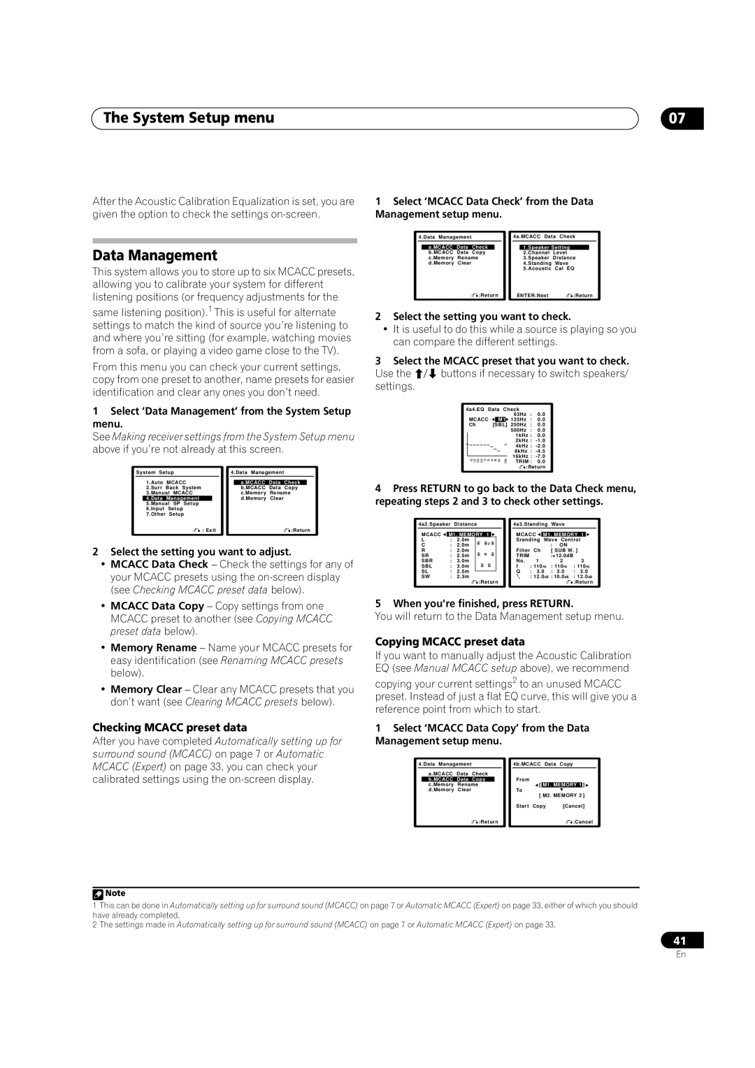 Pioneer VSX-AX4AVi-G, VSX-AX2AV-G manual Data Management, Checking Mcacc preset data, Copying Mcacc preset data 