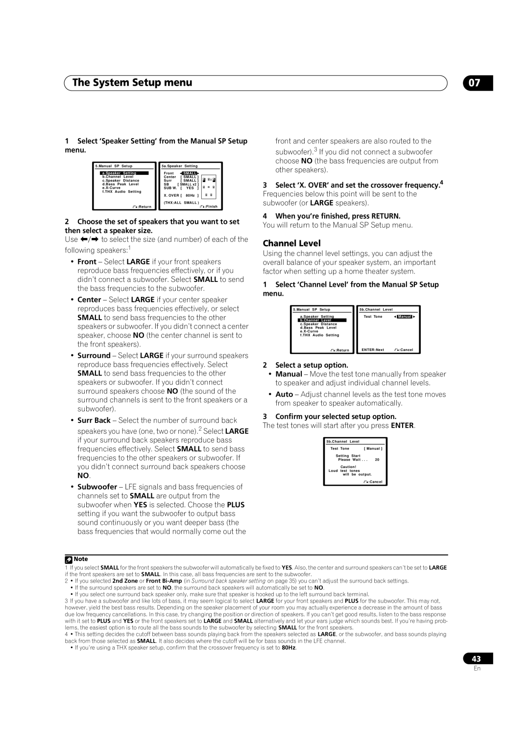 Pioneer VSX-AX4AVi-G manual Channel Level, Select ‘Speaker Setting’ from the Manual SP Setup menu, Select a setup option 