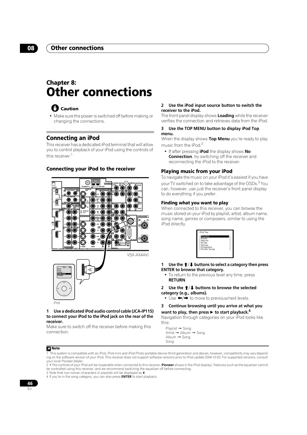 Pioneer VSX-AX2AV-G, VSX-AX4AVi-G Other connections Chapter, Connecting an iPod, Connecting your iPod to the receiver 