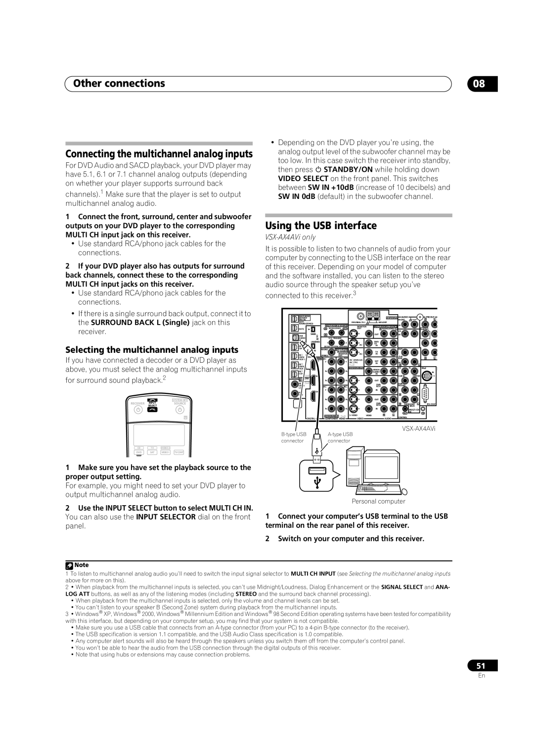 Pioneer VSX-AX4AVi-G, VSX-AX2AV-G manual Using the USB interface, Connecting the multichannel analog inputs 