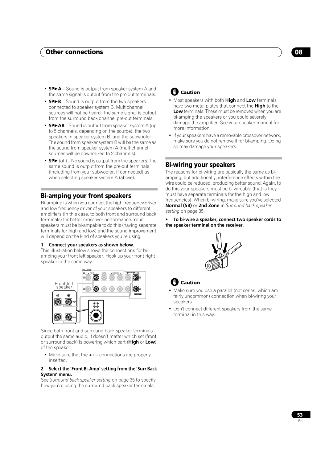 Pioneer VSX-AX4AVi-G manual Bi-amping your front speakers, Bi-wiring your speakers, Connect your speakers as shown below 