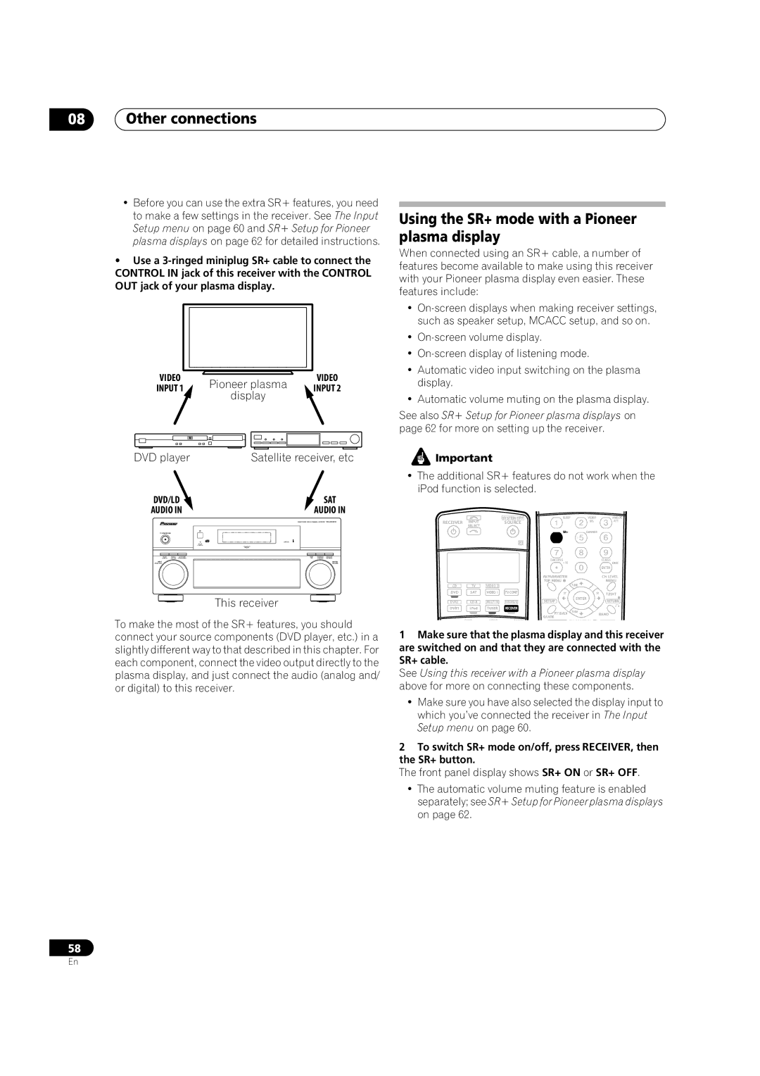 Pioneer VSX-AX2AV-G manual Using the SR+ mode with a Pioneer plasma display, Display, DVD player Satellite receiver, etc 