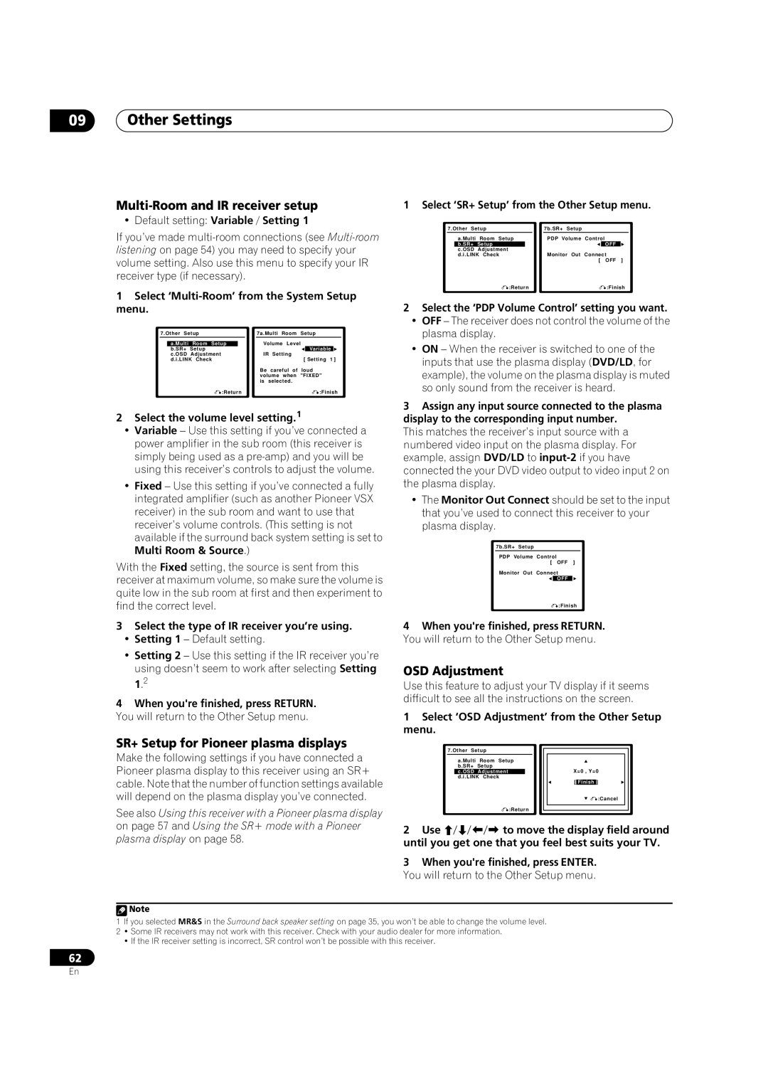 Pioneer VSX-AX2AV-G, VSX-AX4AVi-G Multi-Room and IR receiver setup, OSD Adjustment, SR+ Setup for Pioneer plasma displays 