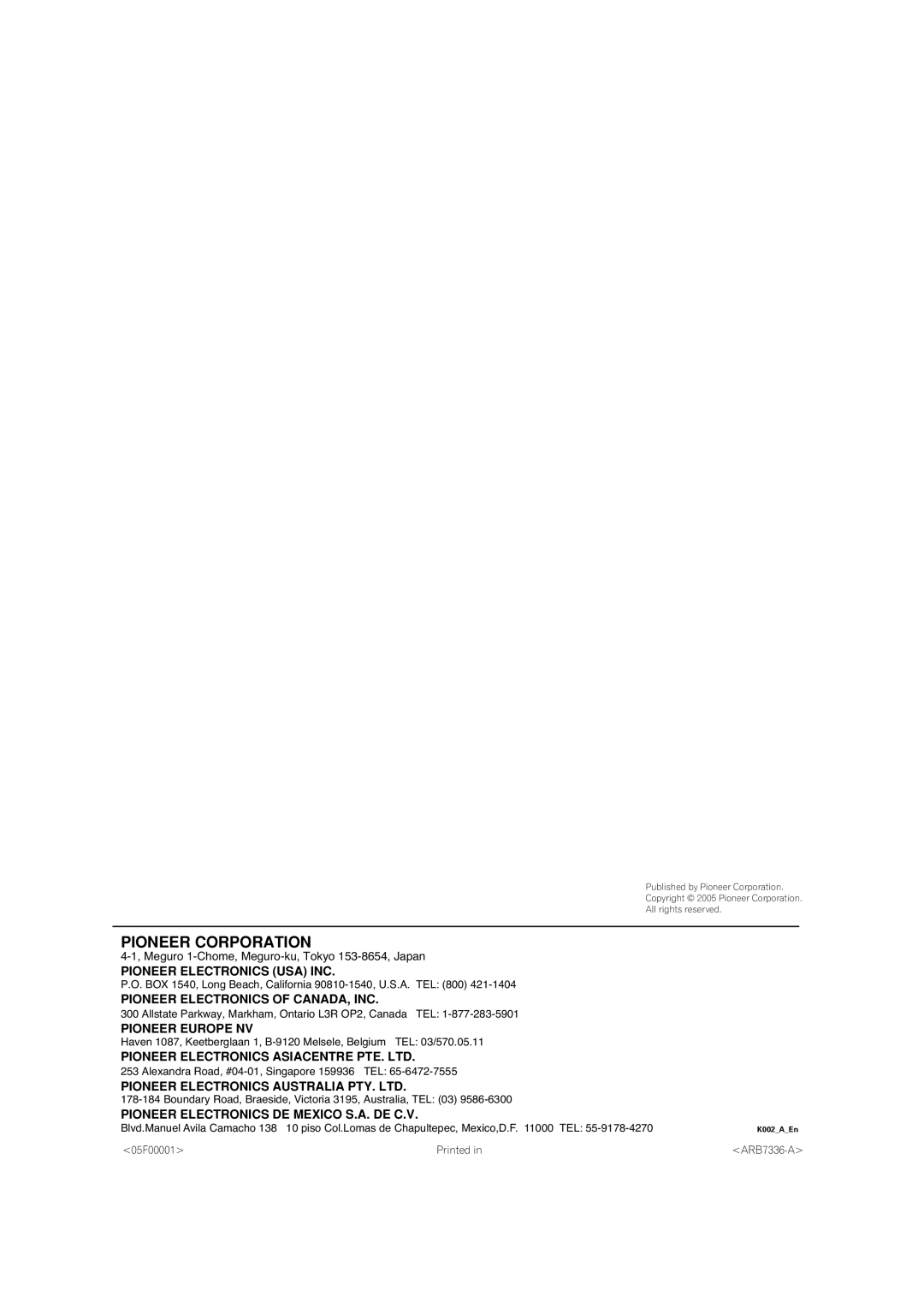 Pioneer VSX-AX4AVi-G, VSX-AX2AV-G manual Pioneer Corporation, 05F00001 Printed ARB7336-A 