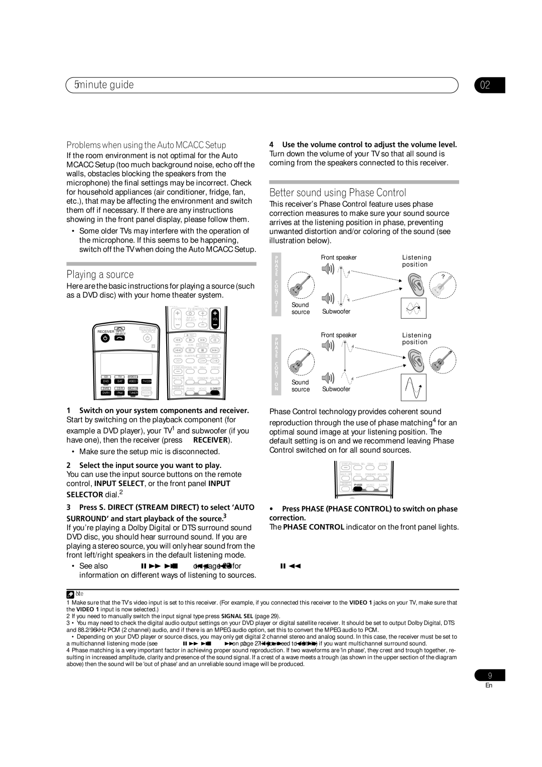 Pioneer VSX-AX4AVi-G, VSX-AX2AV-G manual Minute guide, Playing a source, Better sound using Phase Control 