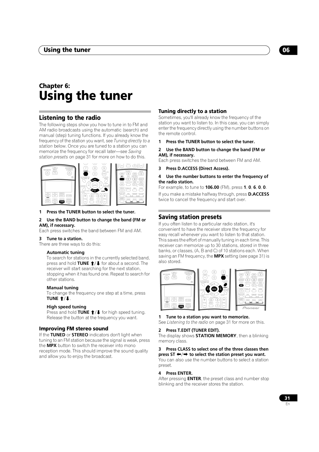 Pioneer VSX-AX4AVi-G, VSX-AX2AV-G manual Using the tuner Chapter, Listening to the radio, Saving station presets 
