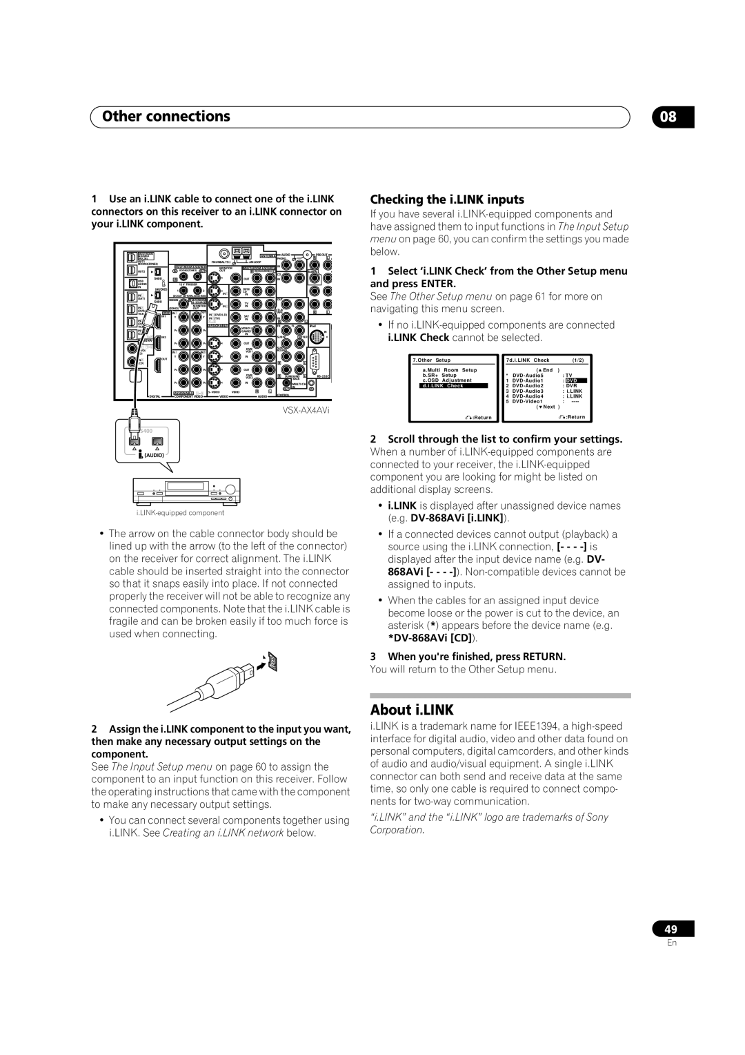 Pioneer VSX-AX4AVi-G, VSX-AX2AV-G manual About i.LINK, Checking the i.LINK inputs, Other connections 