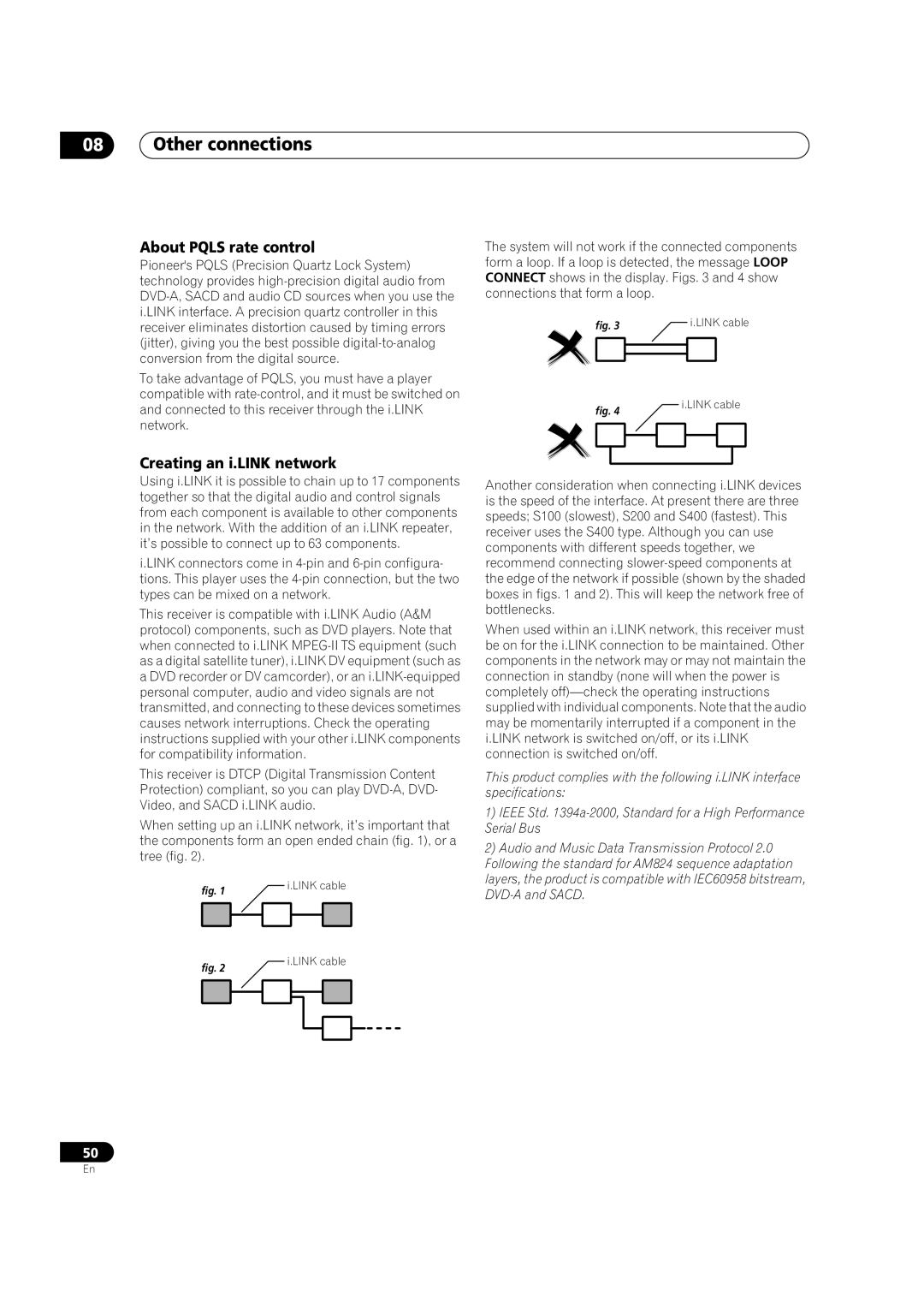 Pioneer VSX-AX2AV-G manual About PQLS rate control, Creating an i.LINK network, 08Other connections, fig, i.LINK cable 