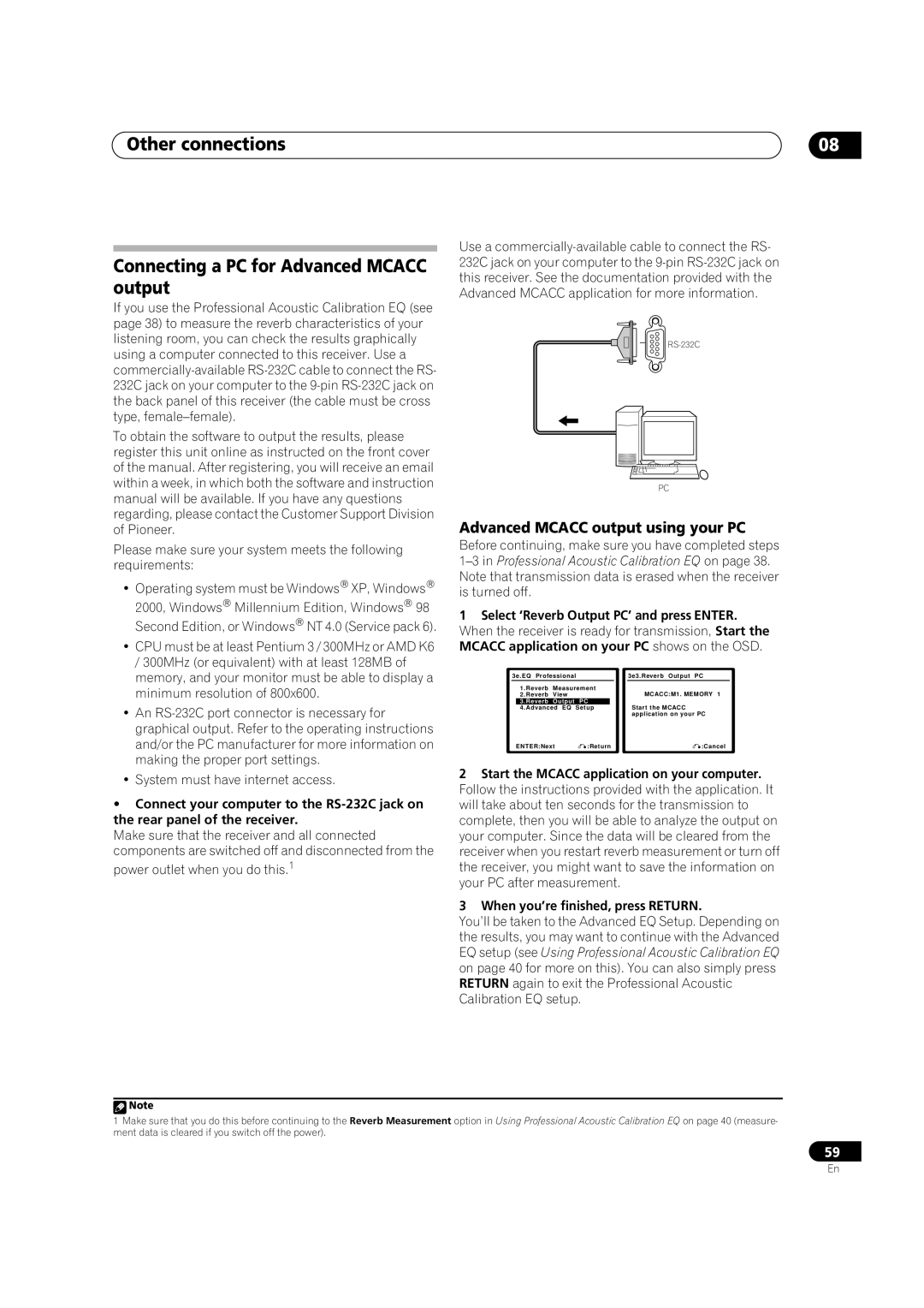 Pioneer VSX-AX4AVi-G Connecting a PC for Advanced MCACC output, Advanced MCACC output using your PC, Other connections 