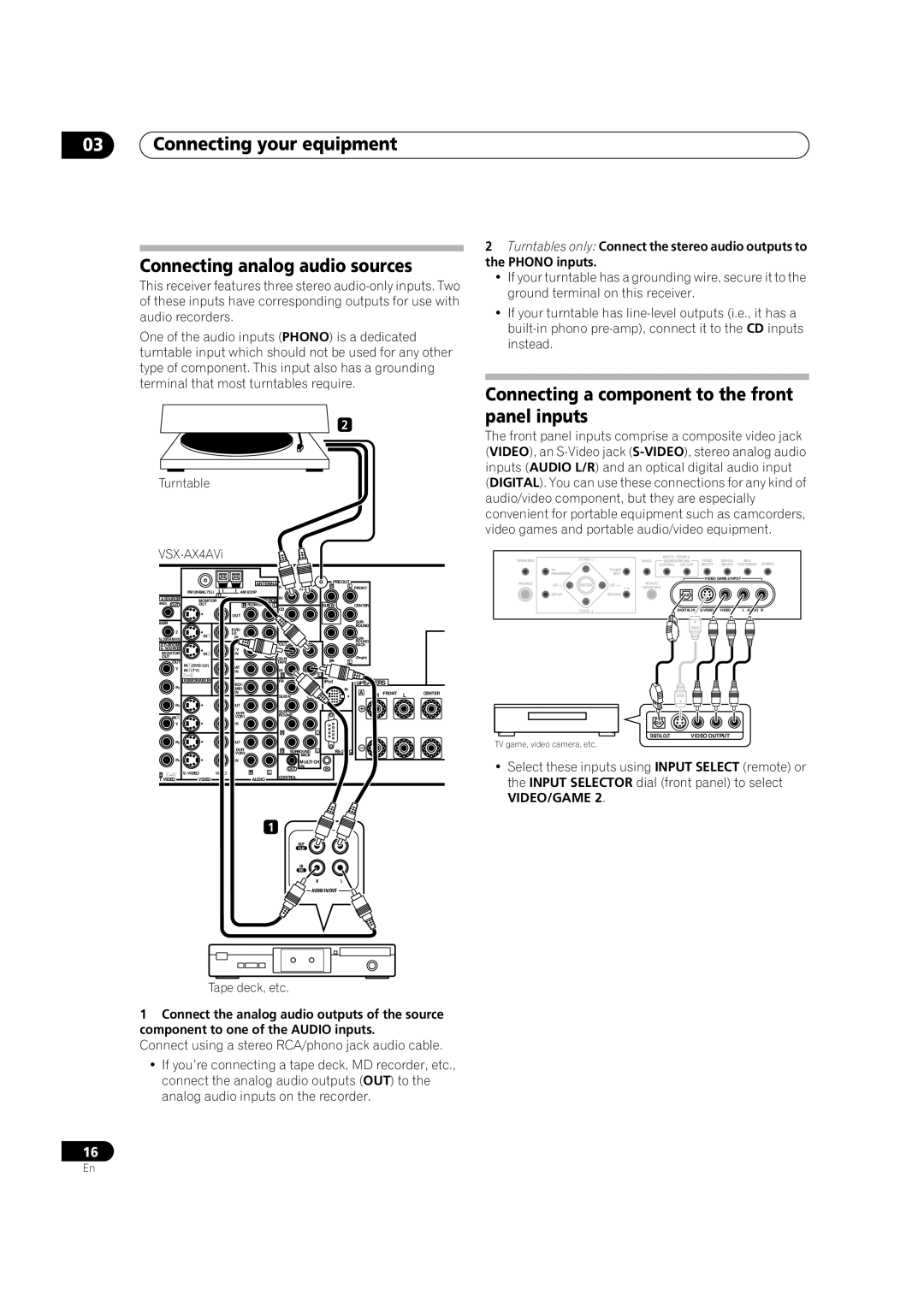 Pioneer VSX-AX4AVi-S Connecting your equipment Connecting analog audio sources, Input Selector dial front panel to select 