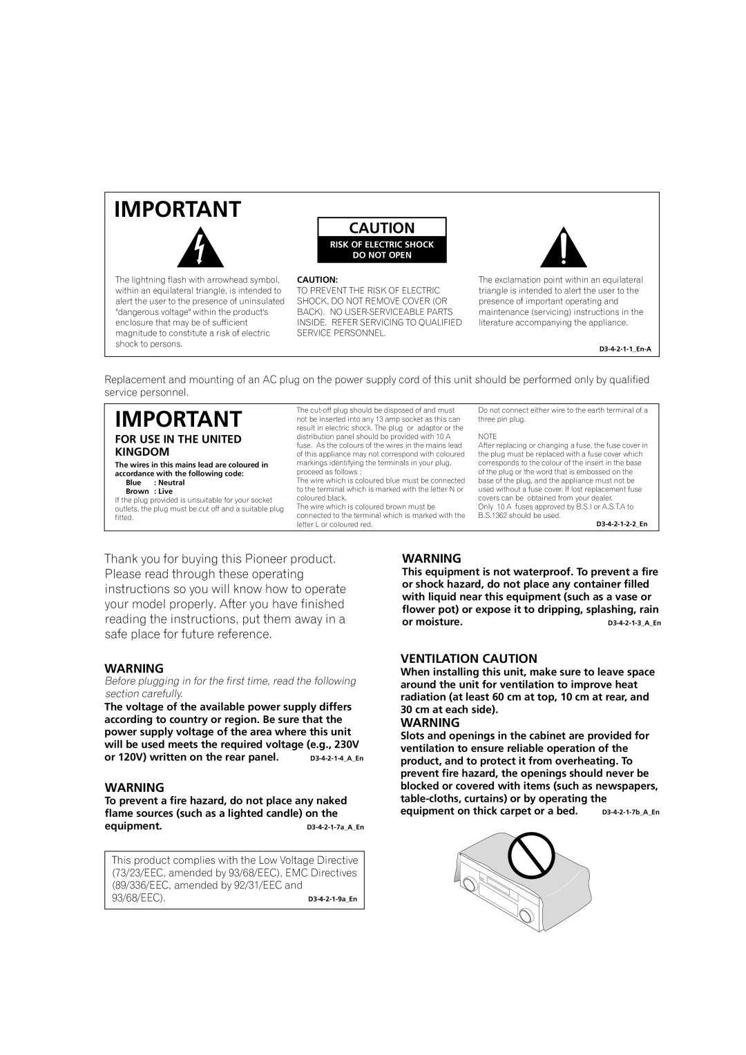 Pioneer VSX-AX4AVi-S, VSX-AX2AV-S manual Ventilation Caution 