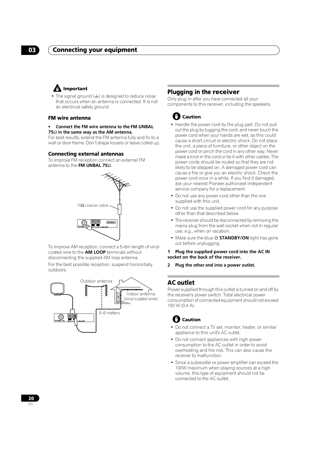 Pioneer VSX-AX4AVi-S, VSX-AX2AV-S manual Plugging in the receiver, AC outlet, FM wire antenna, Connecting external antennas 