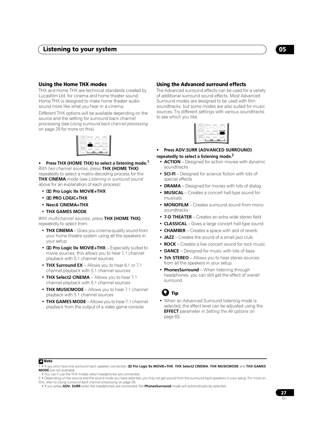 Pioneer VSX-AX2AV-S Listening to your system, Using the Home THX modes, Using the Advanced surround effects, Pro Logic+Thx 