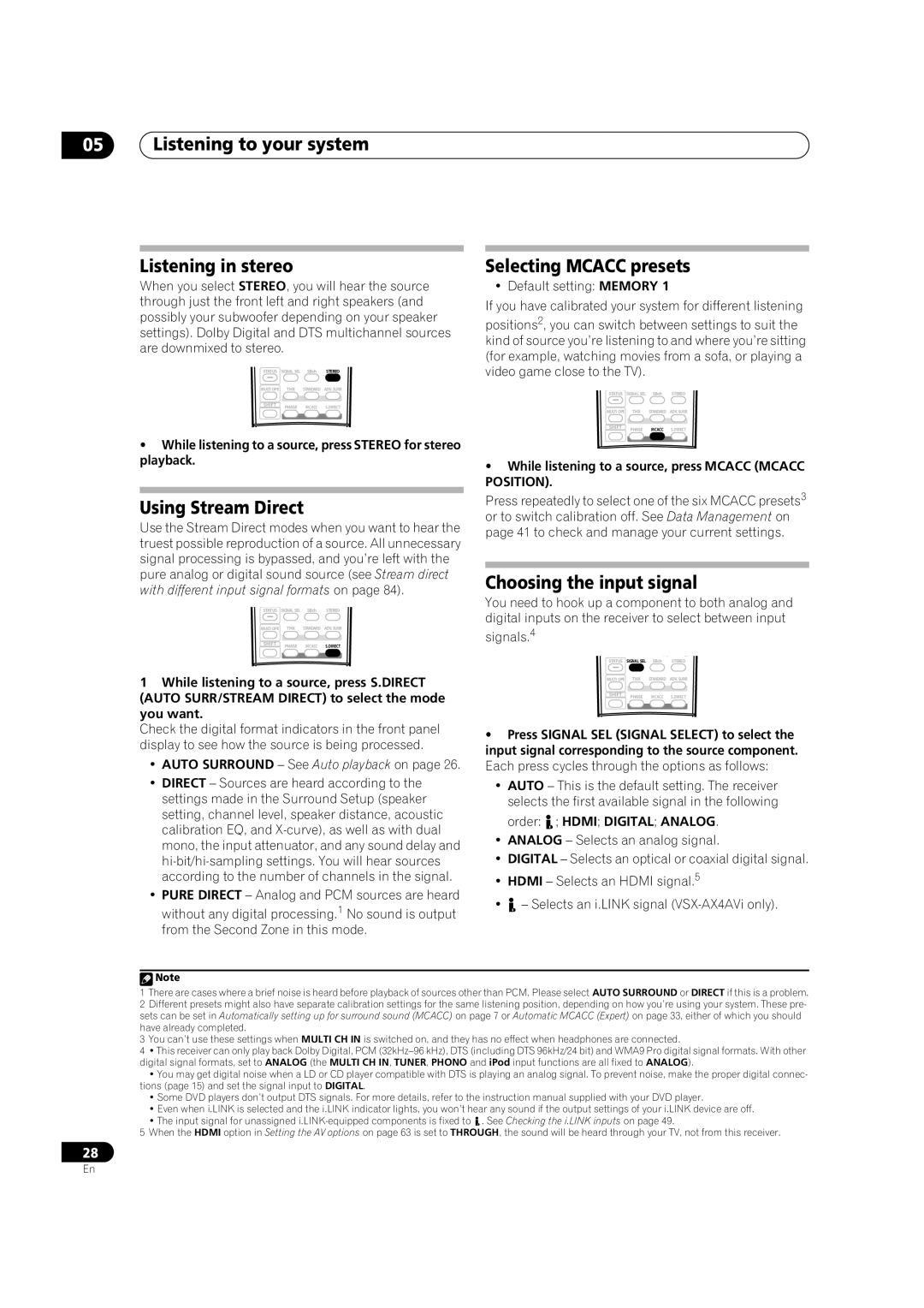 Pioneer VSX-AX4AVi-S manual Listening to your system Listening in stereo, Using Stream Direct, Selecting Mcacc presets 