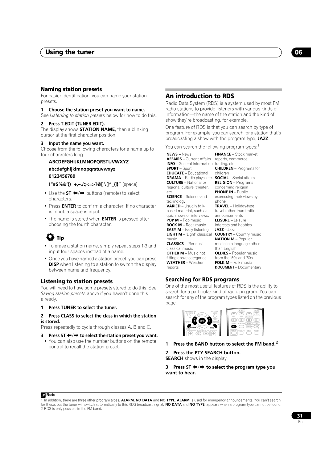 Pioneer VSX-AX2AV-S manual Using the tuner, An introduction to RDS, Naming station presets, Listening to station presets 