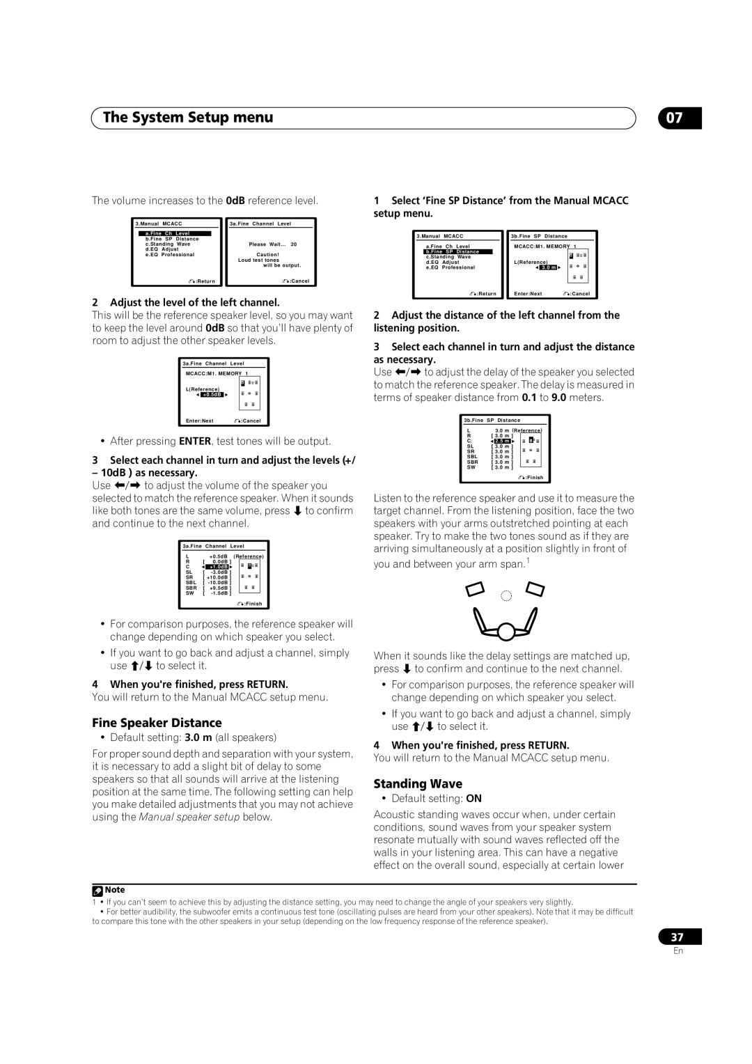 Pioneer VSX-AX2AV-S, VSX-AX4AVi-S manual Fine Speaker Distance, Standing Wave, Adjust the level of the left channel 