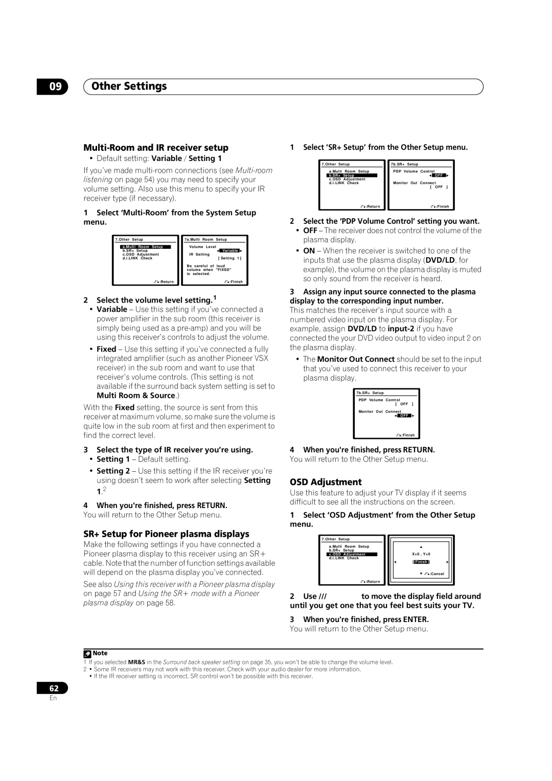 Pioneer VSX-AX4AVi-S, VSX-AX2AV-S Multi-Room and IR receiver setup, OSD Adjustment, SR+ Setup for Pioneer plasma displays 