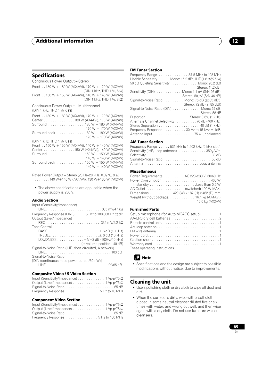 Pioneer VSX-AX2AV-S, VSX-AX4AVi-S manual Additional information Specifications, Cleaning the unit 