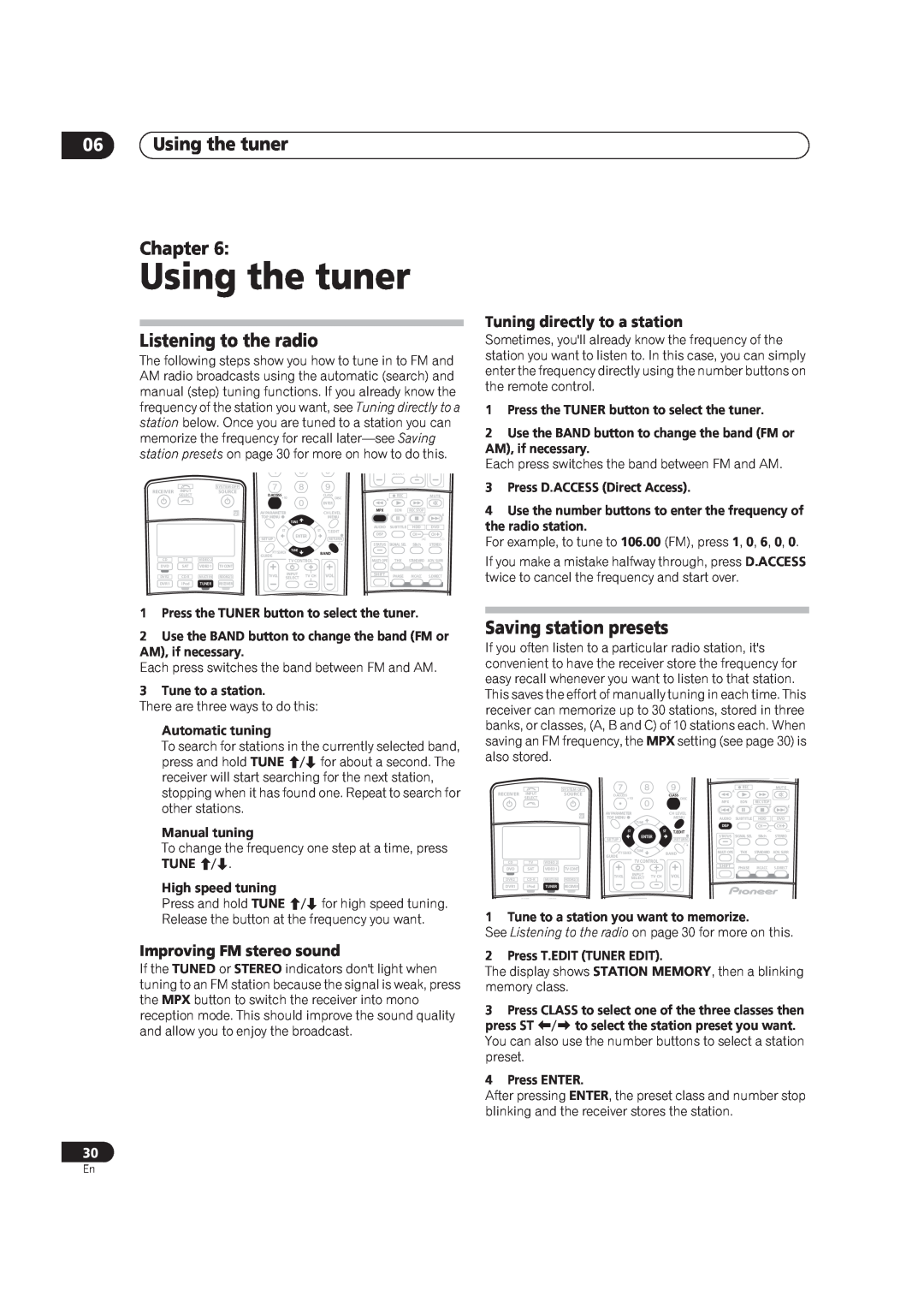 Pioneer VSX-AX4AVi-S, VSX-AX2AV-S manual Using the tuner Chapter, Listening to the radio, Saving station presets 