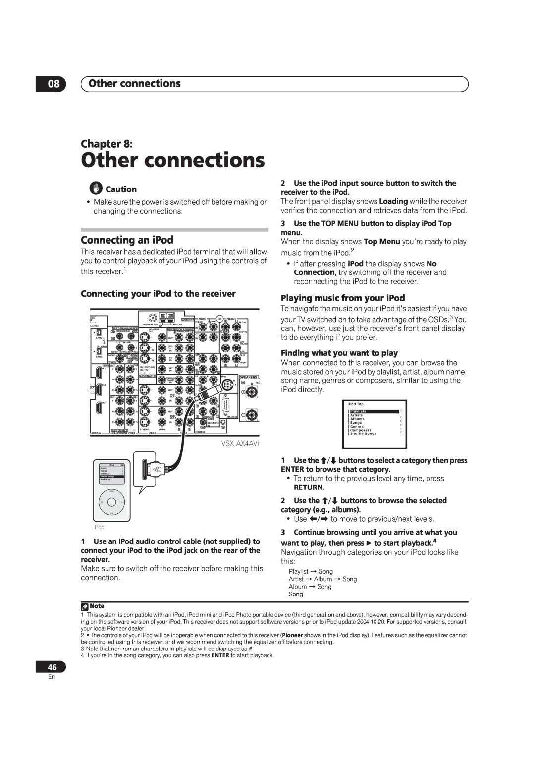 Pioneer VSX-AX4AVi-S, VSX-AX2AV-S Other connections Chapter, Connecting an iPod, Connecting your iPod to the receiver 