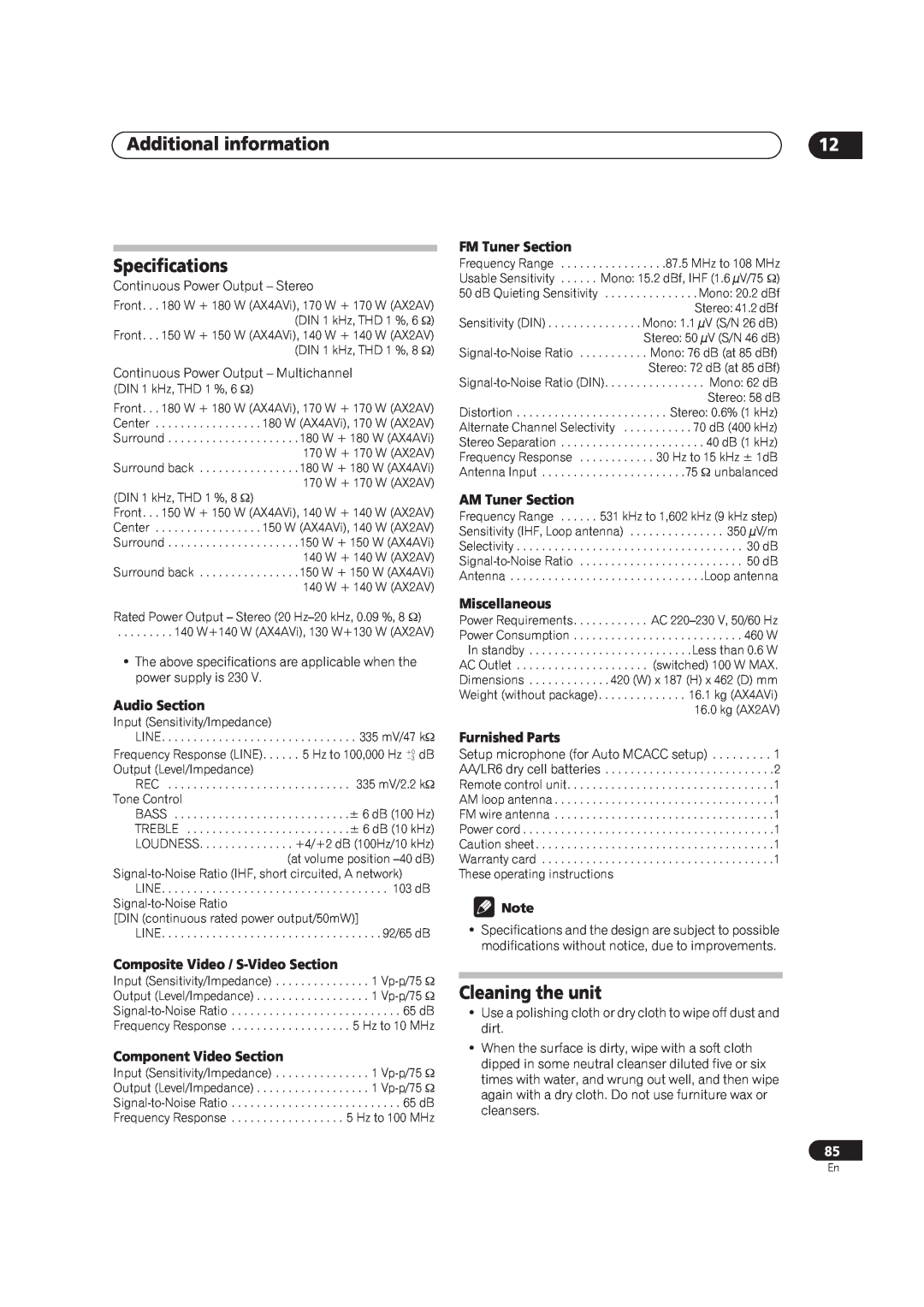 Pioneer VSX-AX2AV-S manual Additional information Specifications, Cleaning the unit, Audio Section, Component Video Section 