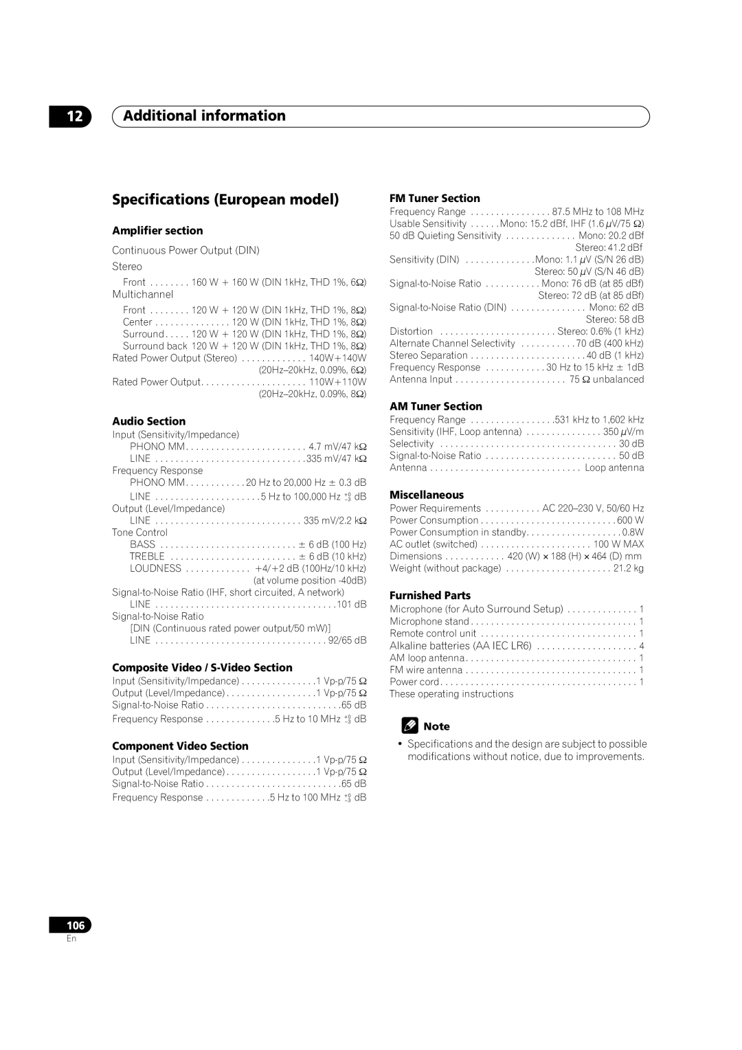 Pioneer VSX-AX5Ai-G, VSX-AX5Ai-S manual Additional information Specifications European model 