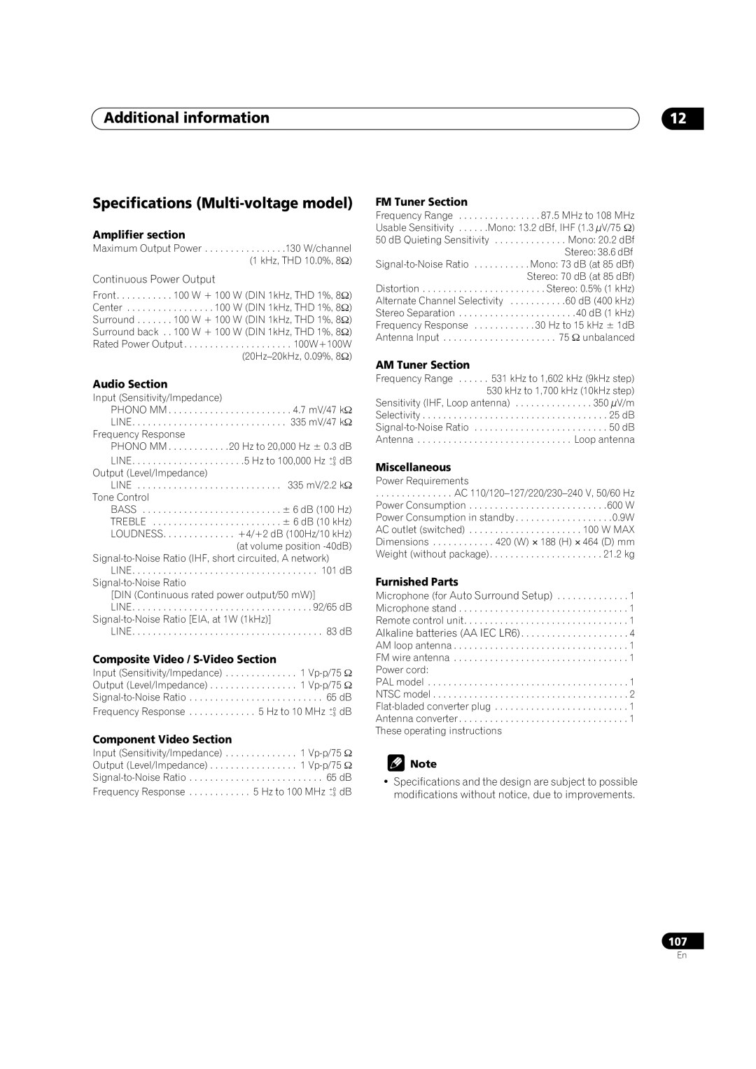 Pioneer VSX-AX5Ai-S, VSX-AX5Ai-G manual Additional information Specifications Multi-voltage model, Continuous Power Output 