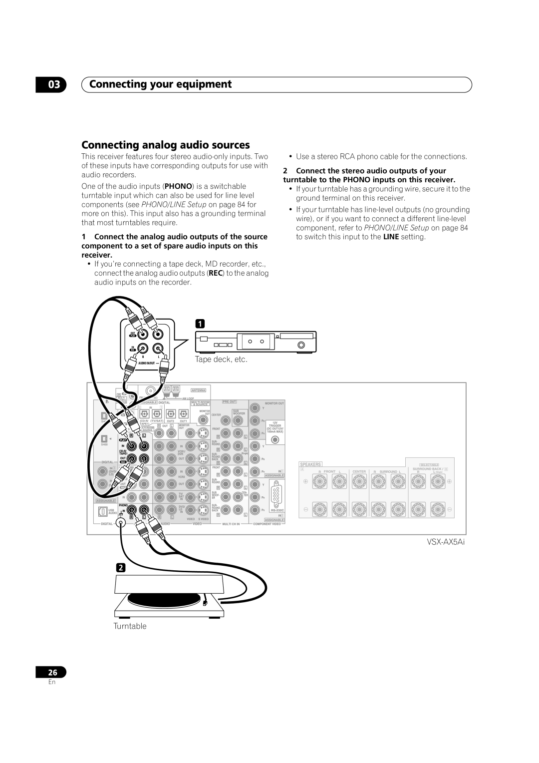 Pioneer VSX-AX5Ai-G, VSX-AX5Ai-S manual Connecting your equipment Connecting analog audio sources, Tape deck, etc 