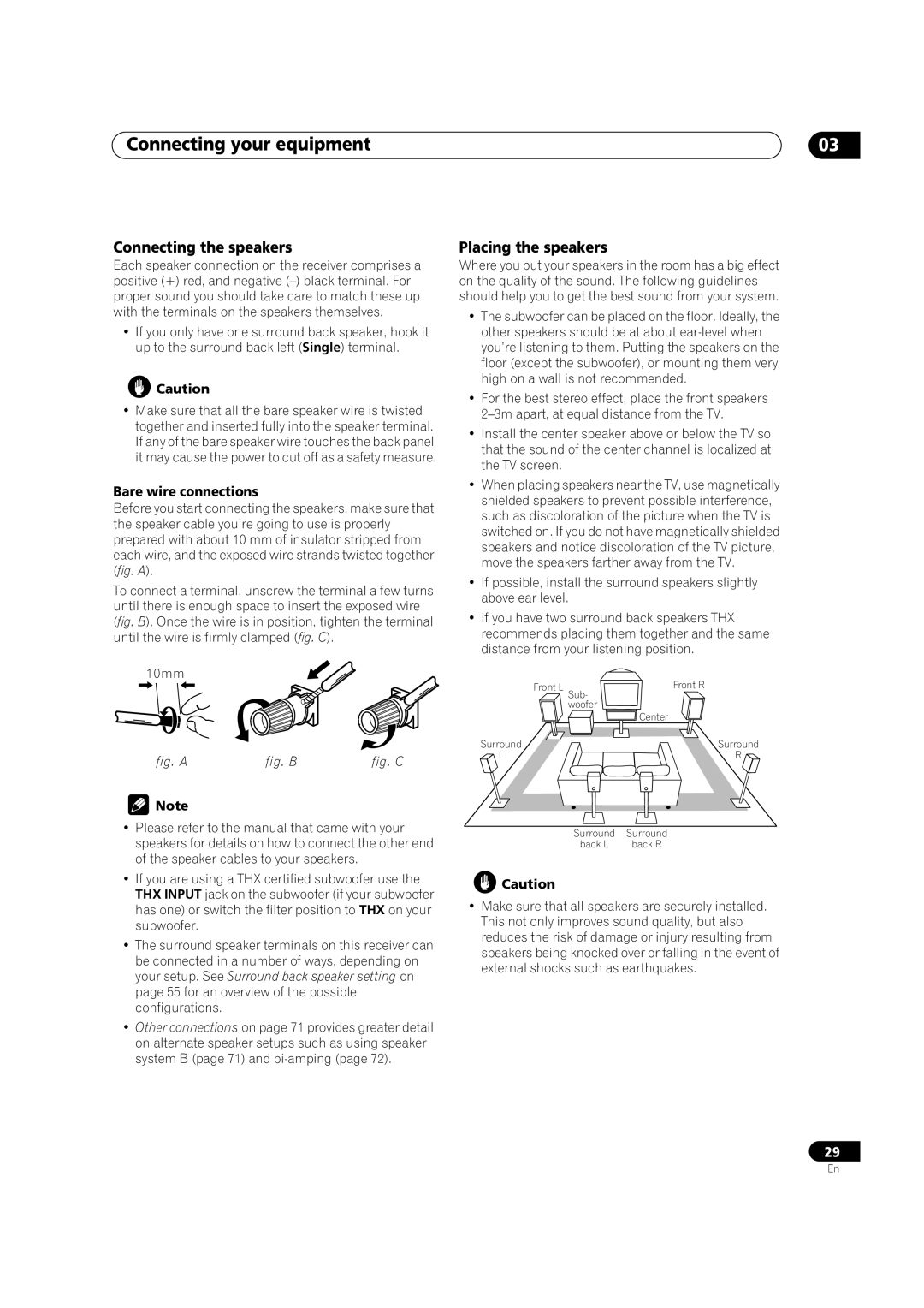 Pioneer VSX-AX5Ai-S, VSX-AX5Ai-G manual Connecting the speakers, Placing the speakers, Bare wire connections 