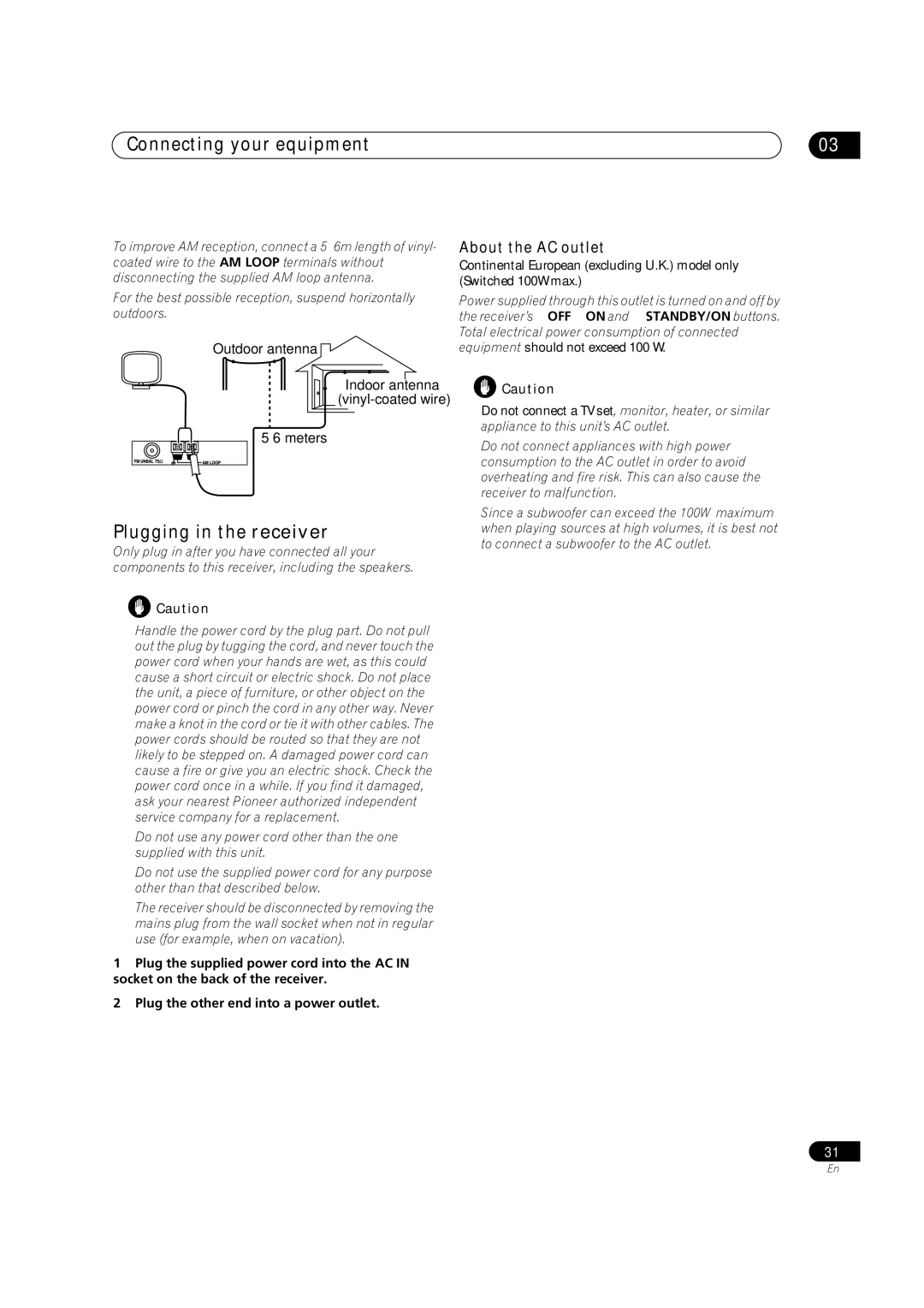 Pioneer VSX-AX5Ai-S Plugging in the receiver, About the AC outlet, Outdoor antenna Indoor antenna Vinyl-coated wire Meters 