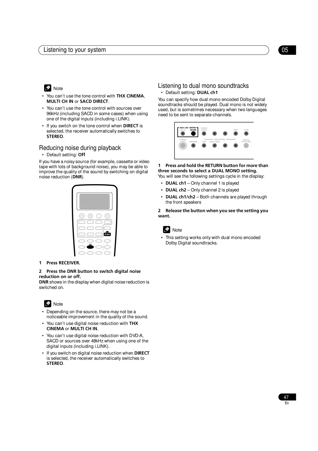 Pioneer VSX-AX5Ai-S, VSX-AX5Ai-G manual Reducing noise during playback, Listening to dual mono soundtracks 