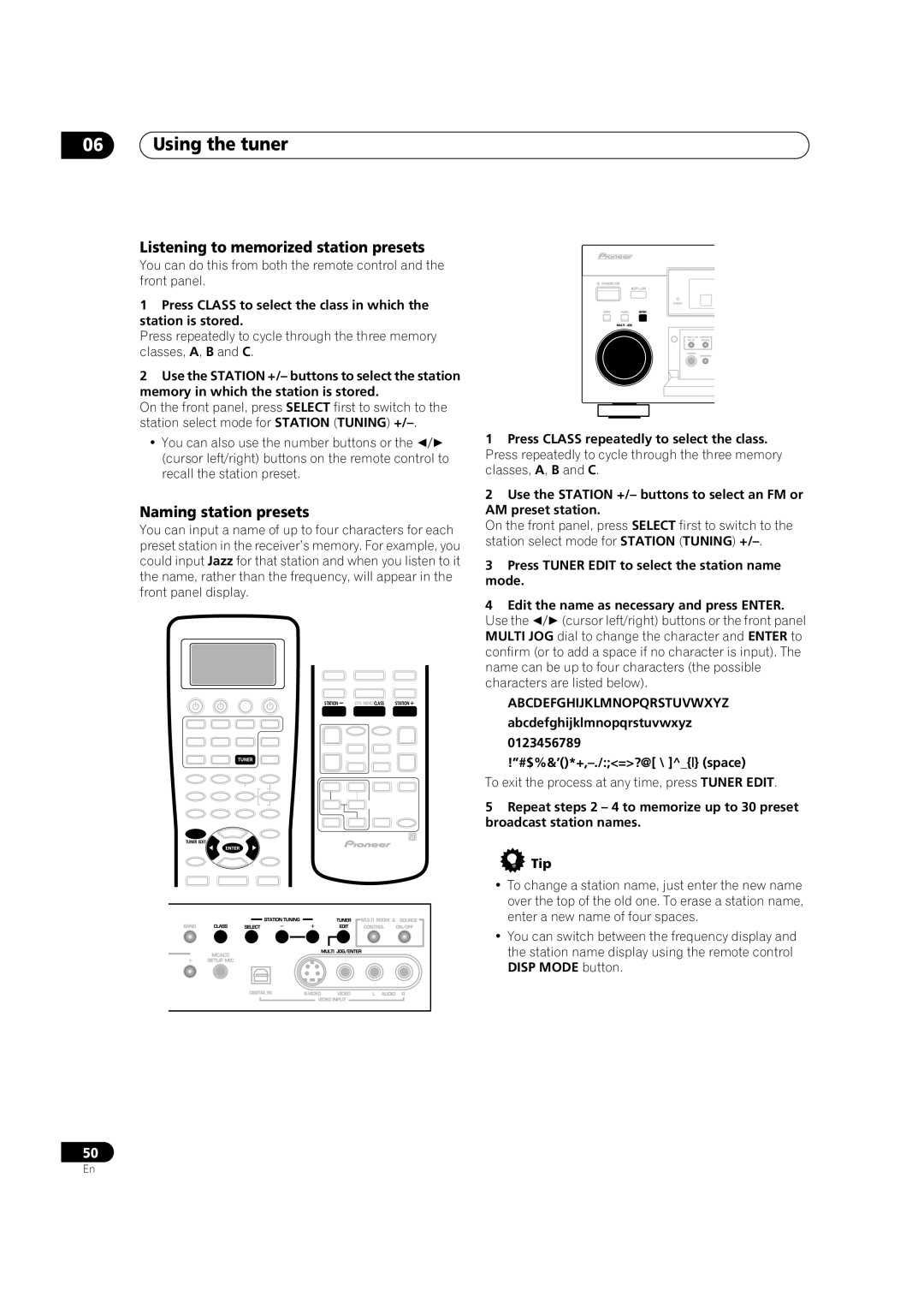 Pioneer VSX-AX5Ai-G manual Listening to memorized station presets, Naming station presets, Abcdefghijklmnopqrstuvwxyz 