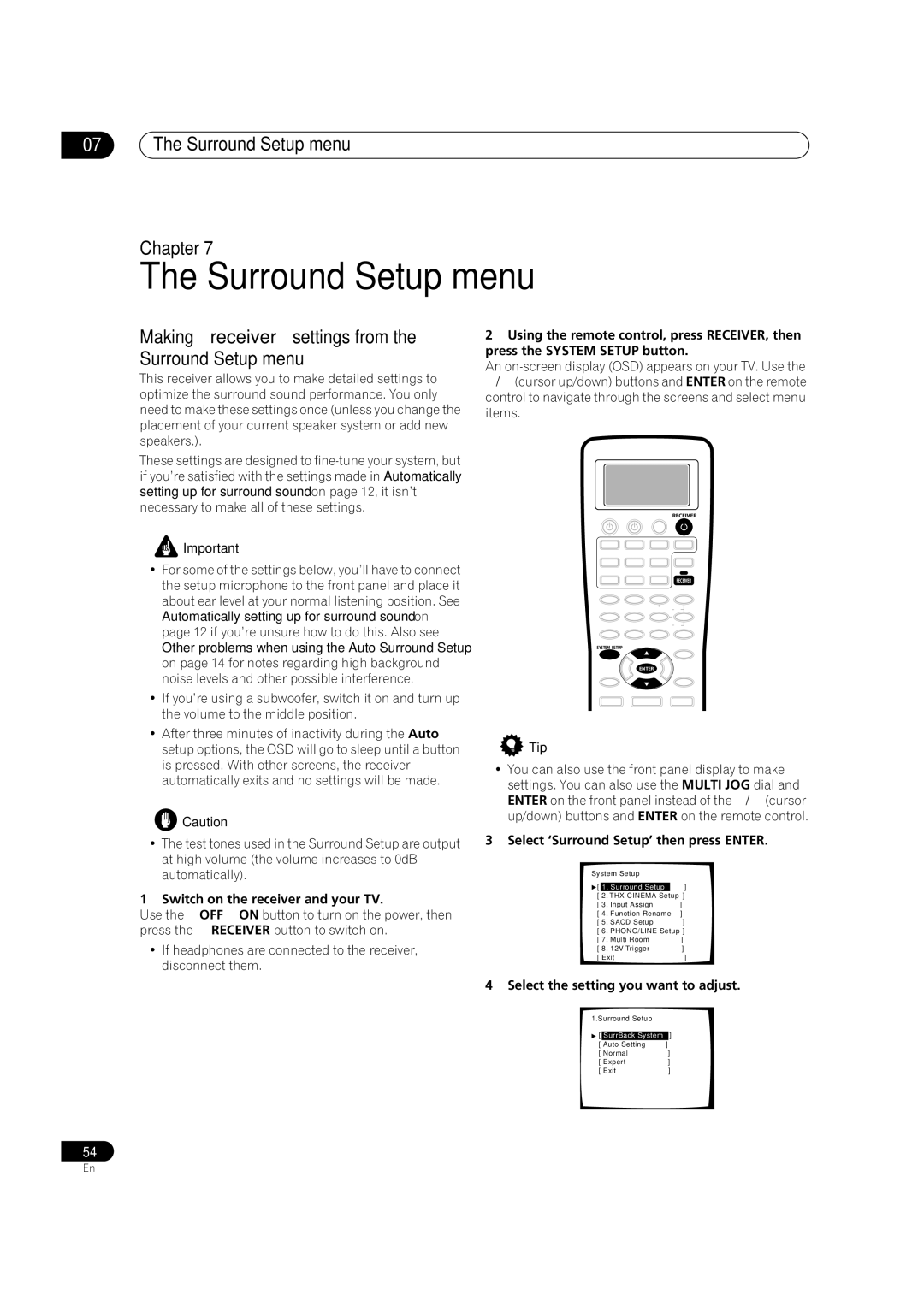 Pioneer VSX-AX5Ai-G, VSX-AX5Ai-S Surround Setup menu Chapter, Making receiver settings from the Surround Setup menu 