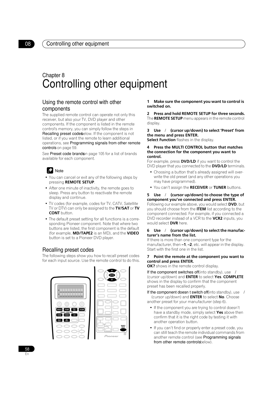 Pioneer VSX-AX5Ai-G, VSX-AX5Ai-S Controlling other equipment Chapter, Using the remote control with other components 