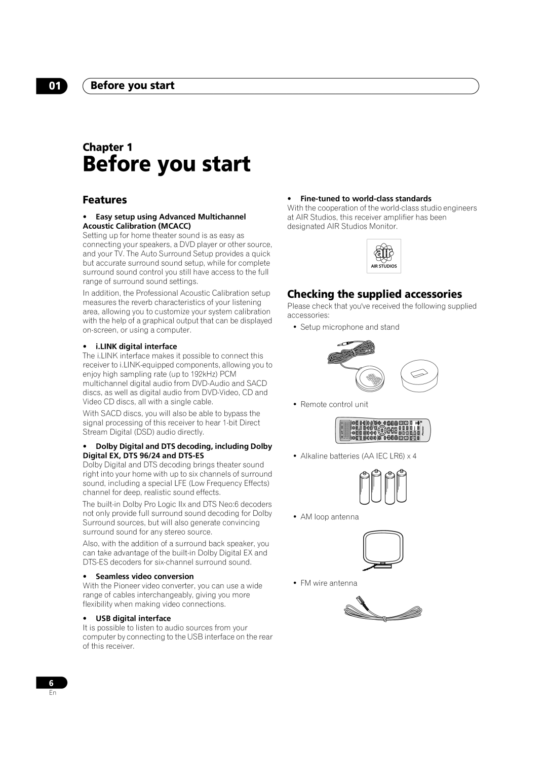 Pioneer VSX-AX5Ai-G, VSX-AX5Ai-S manual Before you start Chapter, Features, Checking the supplied accessories 