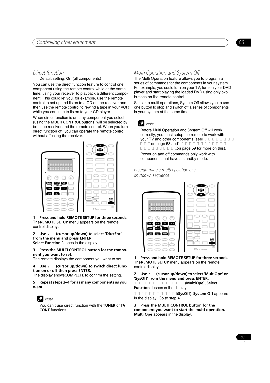 Pioneer VSX-AX5Ai-S, VSX-AX5Ai-G manual Controlling other equipment Direct function, Multi Operation and System Off 