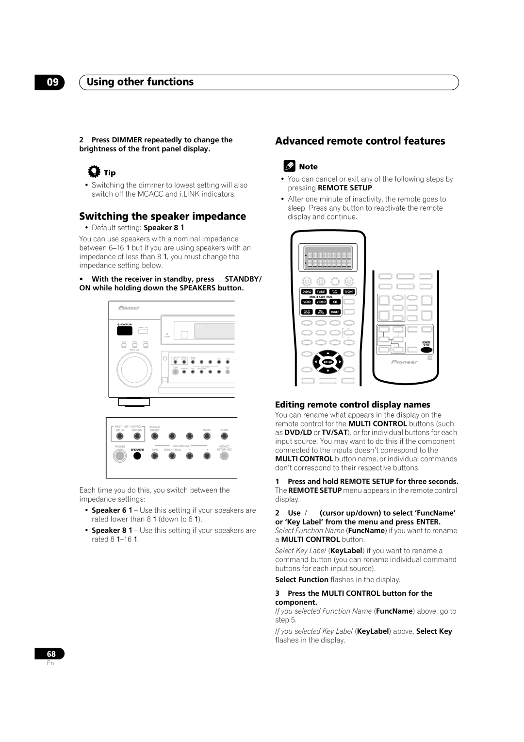 Pioneer VSX-AX5Ai-G, VSX-AX5Ai-S Using other functions, Switching the speaker impedance, Advanced remote control features 