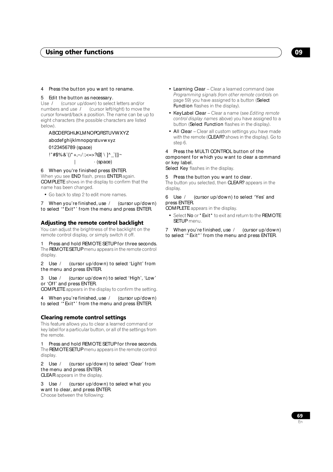 Pioneer VSX-AX5Ai-S, VSX-AX5Ai-G manual Adjusting the remote control backlight, Clearing remote control settings 