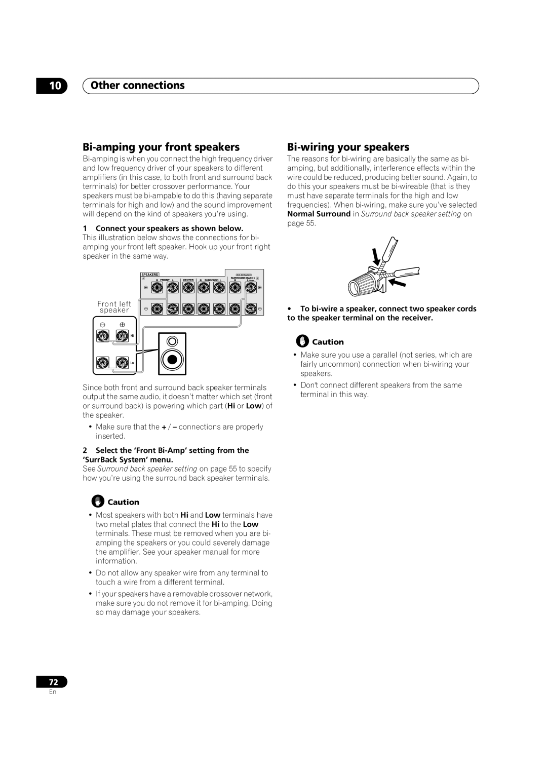 Pioneer VSX-AX5Ai-G manual Other connections Bi-amping your front speakers, Bi-wiring your speakers, Front left, Speaker 