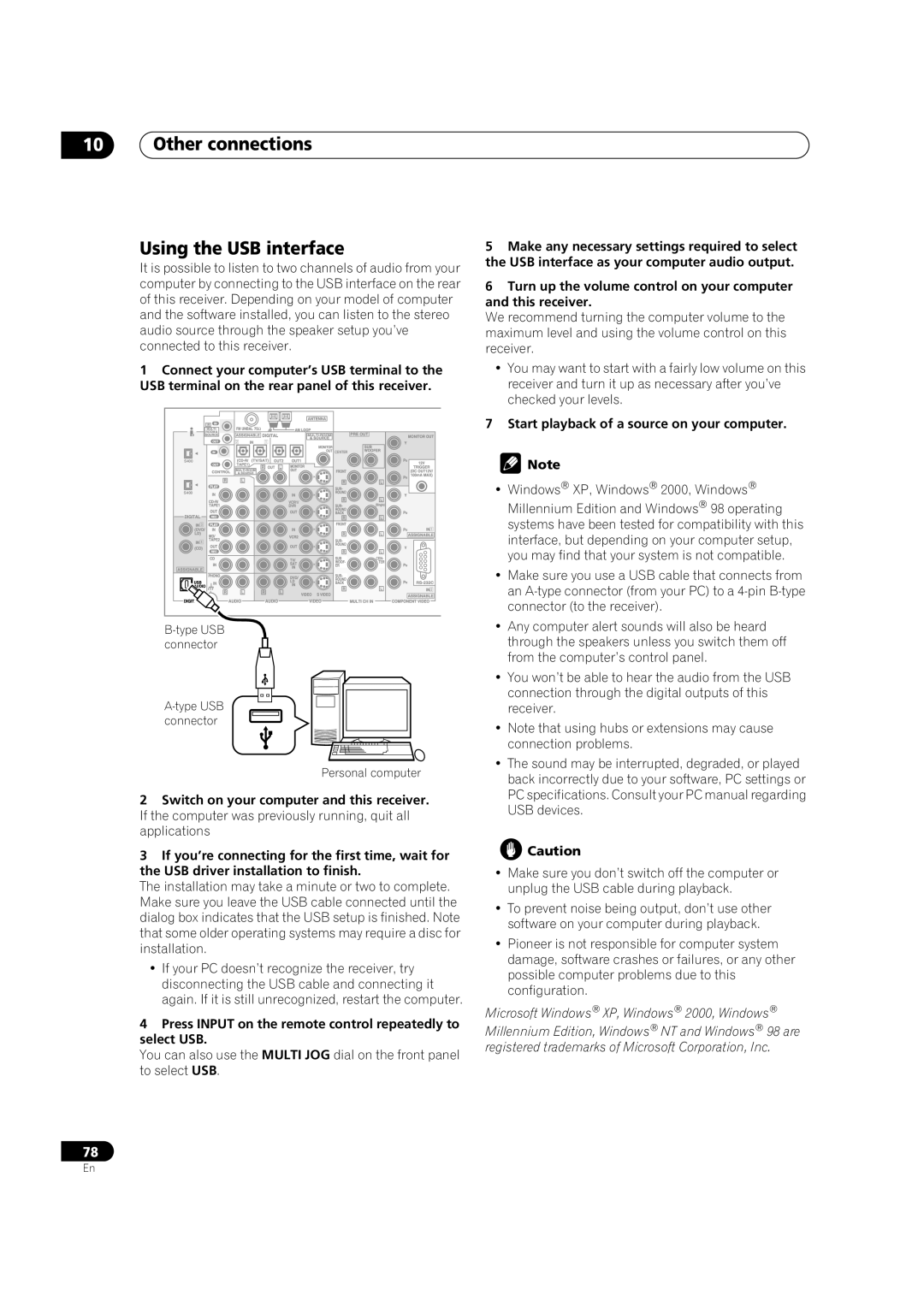 Pioneer VSX-AX5Ai-G, VSX-AX5Ai-S manual Other connections Using the USB interface, Connect your computer’s USB terminal to 