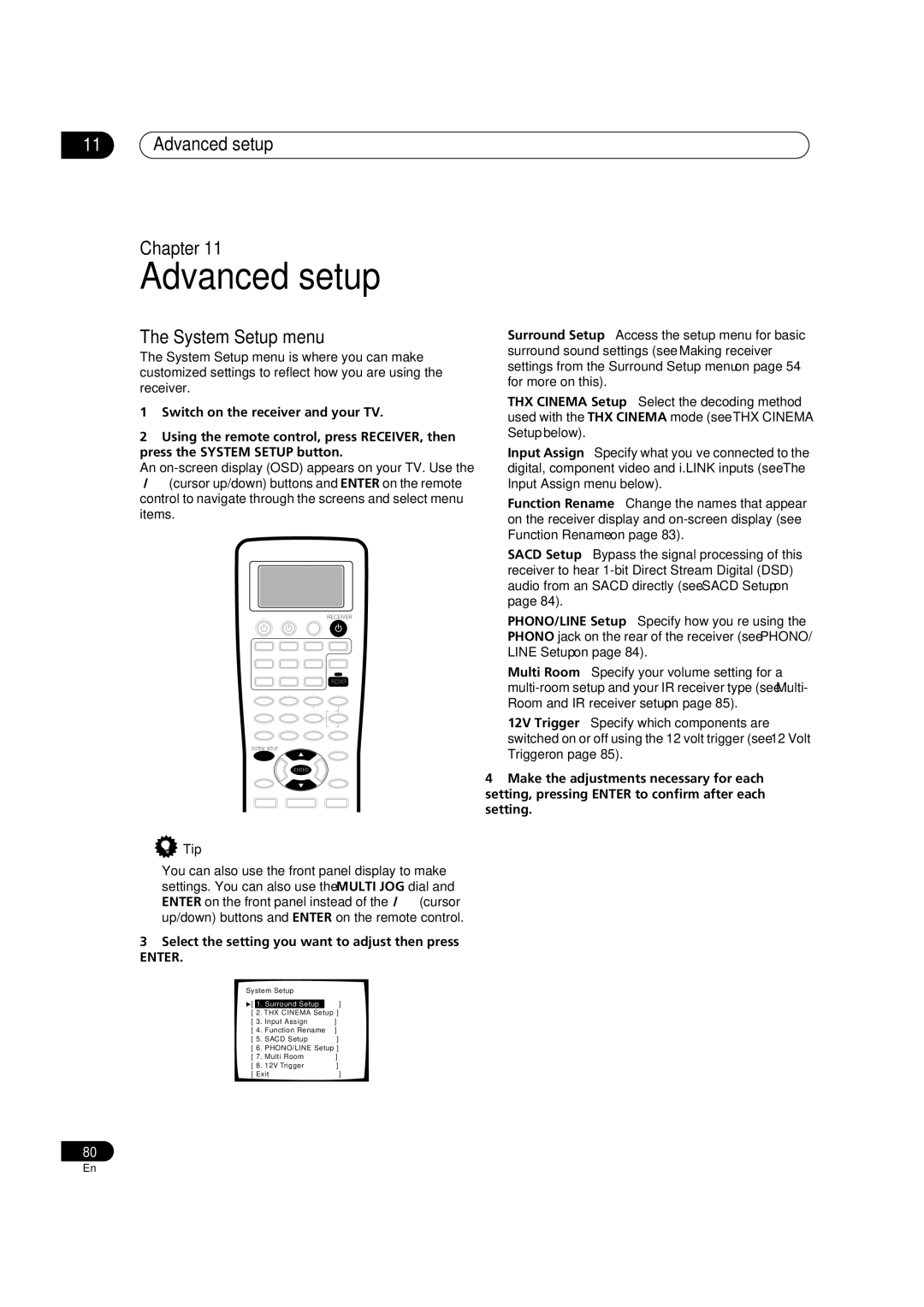 Pioneer VSX-AX5Ai-G manual Advanced setup Chapter, System Setup menu, Select the setting you want to adjust then press 