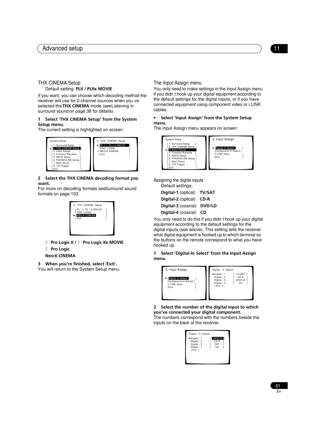 Pioneer VSX-AX5Ai-S, VSX-AX5Ai-G manual Advanced setup, THX Cinema Setup, Input Assign menu, Assigning the digital inputs 