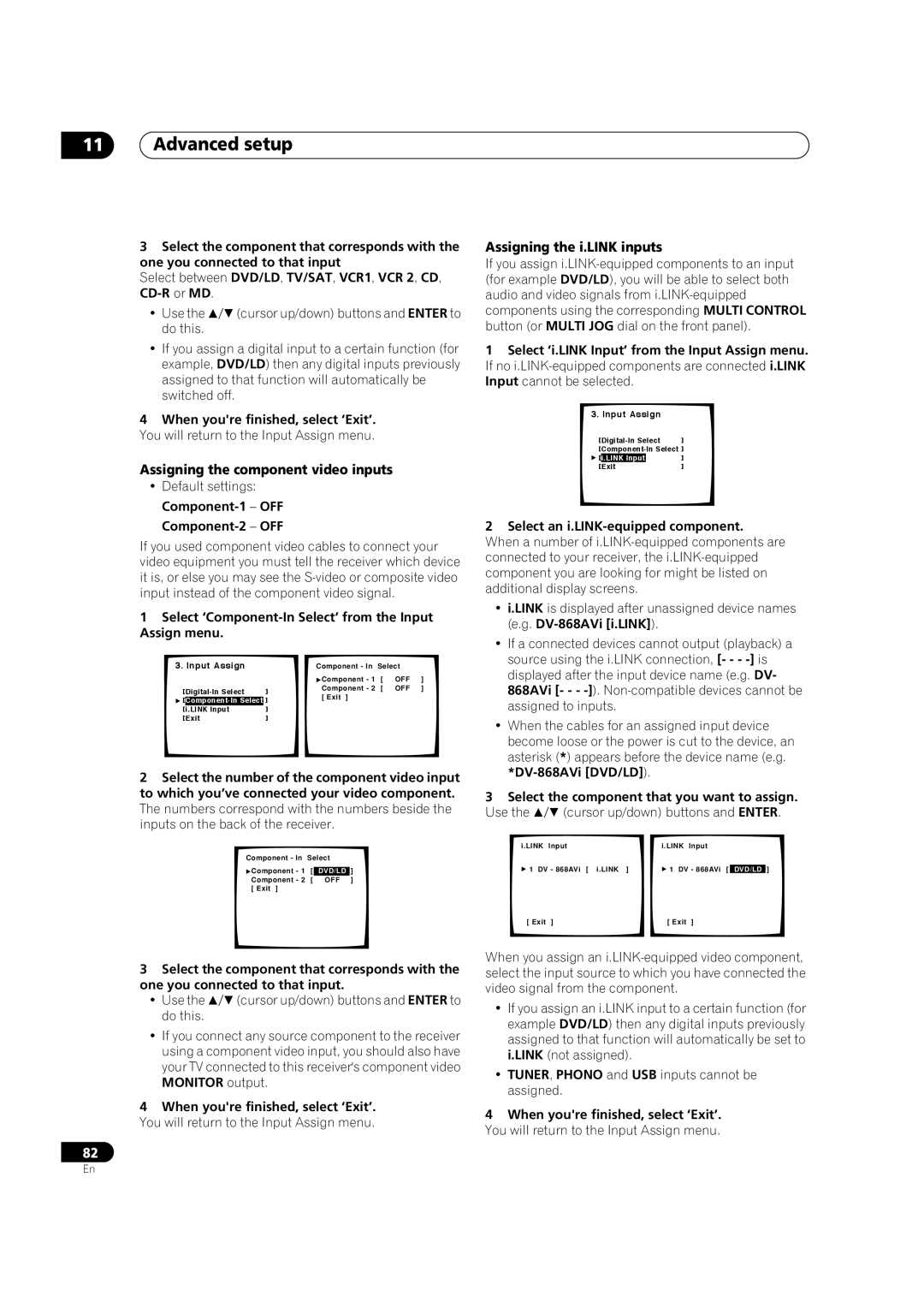 Pioneer VSX-AX5Ai-G Assigning the component video inputs, Assigning the i.LINK inputs, Component-1 OFF Component-2 OFF 