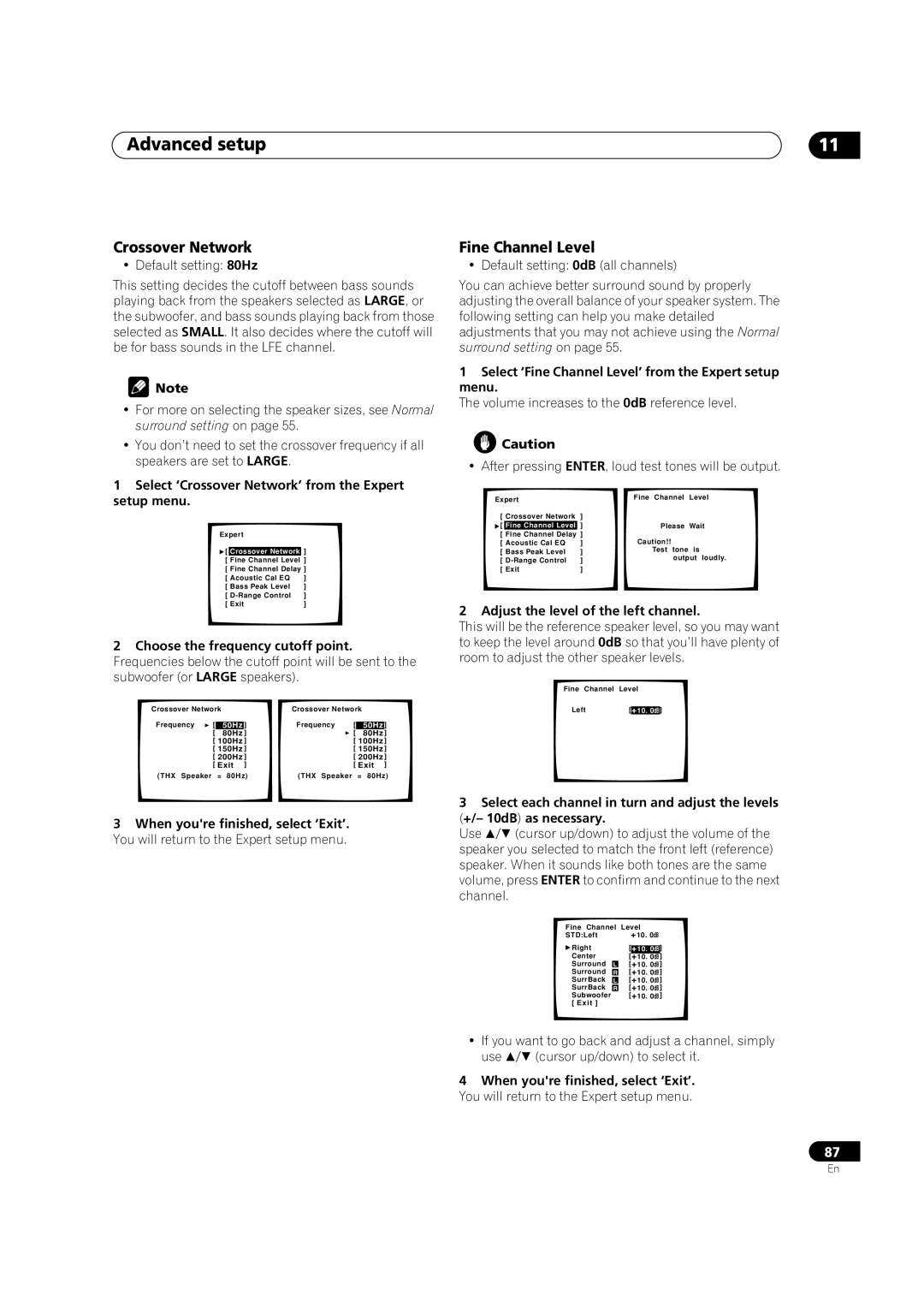 Pioneer VSX-AX5Ai-S, VSX-AX5Ai-G manual Fine Channel Level, Select ‘Crossover Network’ from the Expert setup menu 