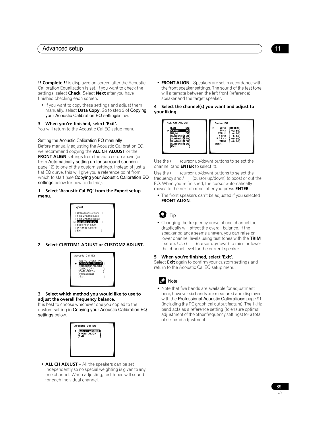 Pioneer VSX-AX5Ai-S Setting the Acoustic Calibration EQ manually, Select CUSTOM1 Adjust or CUSTOM2 Adjust, Front Align 