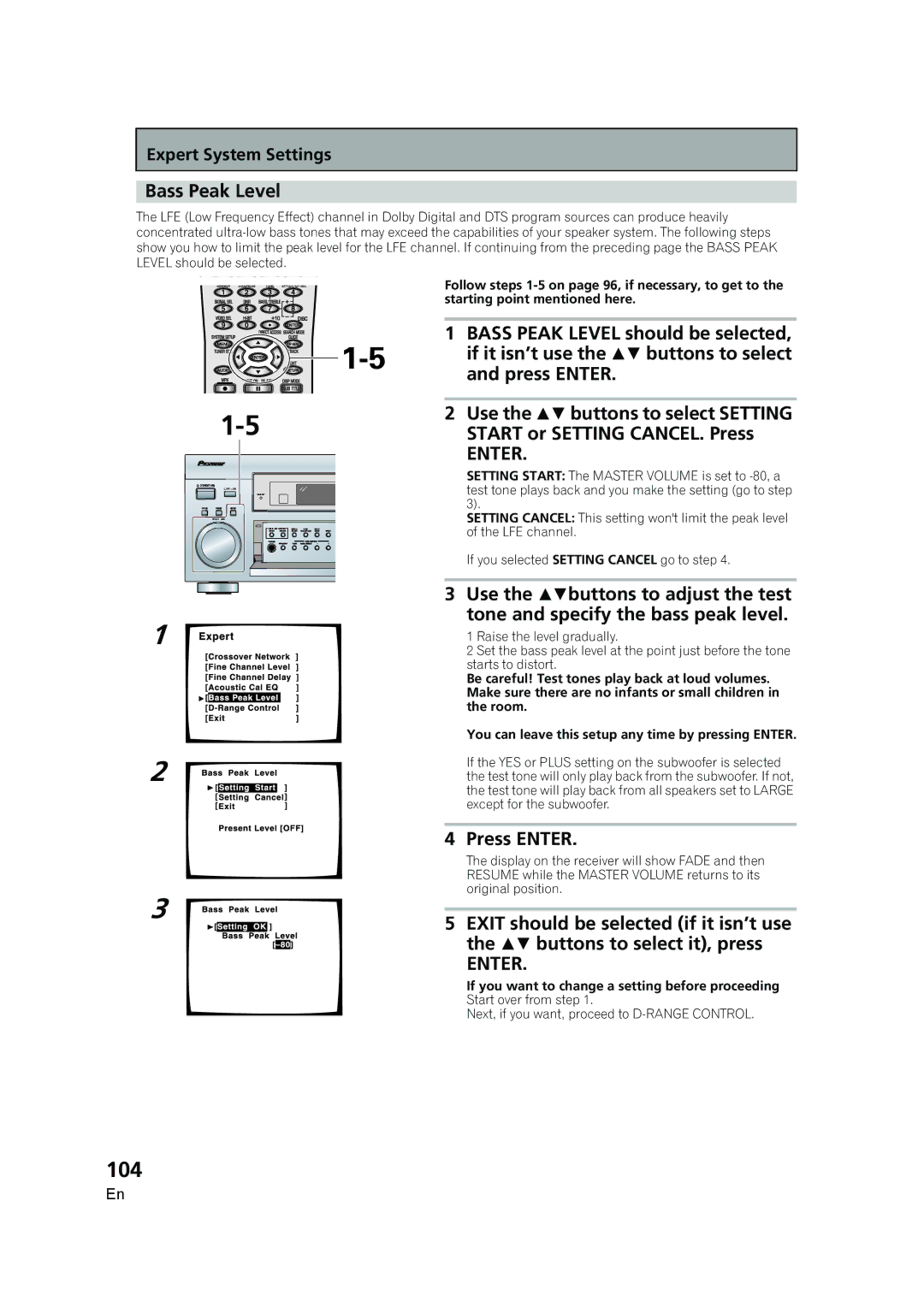 Pioneer VSX-AX5i-G manual 104, Bass Peak Level, Start or Setting CANCEL. Press 