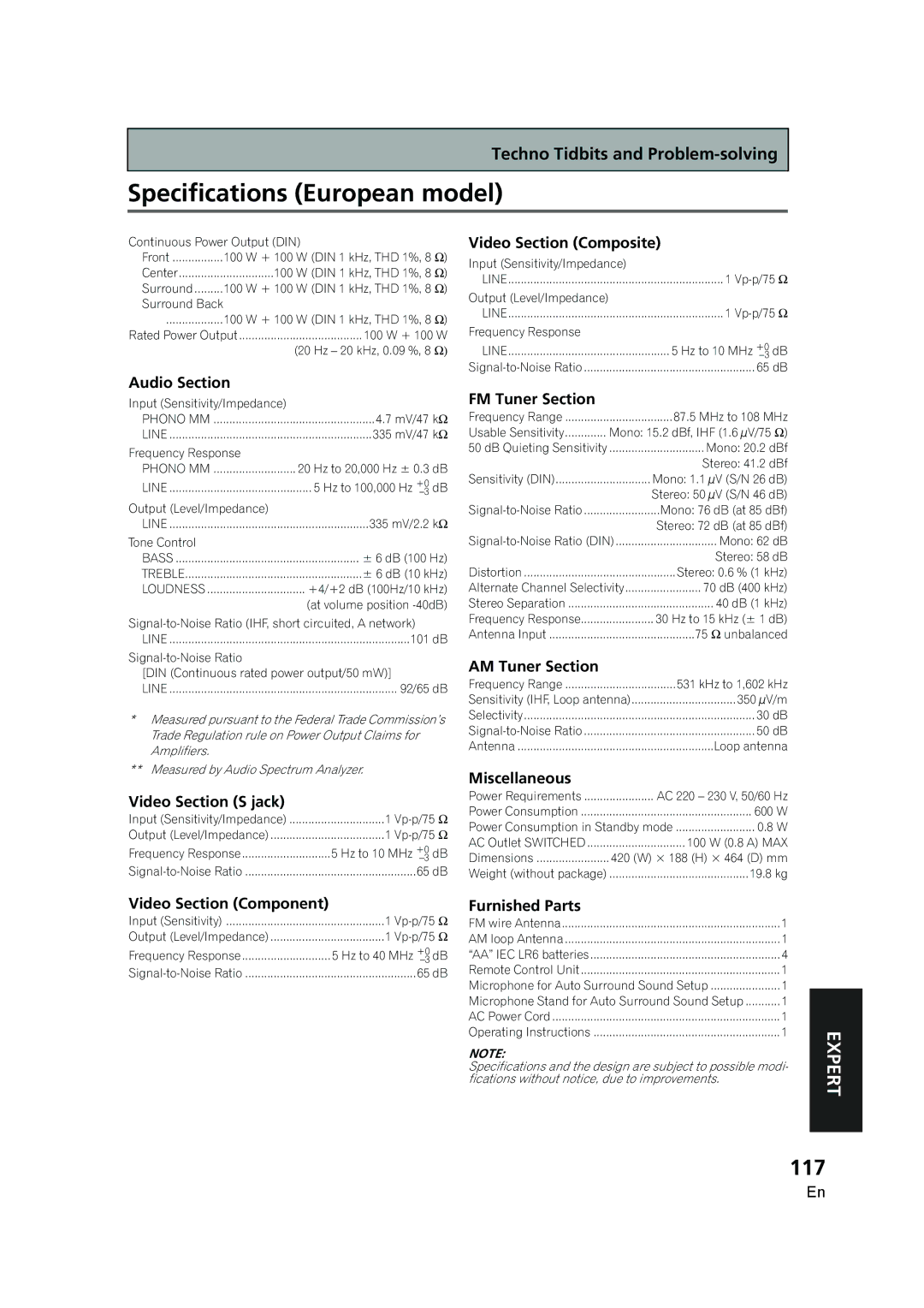 Pioneer VSX-AX5i-G manual Specifications European model, 117 