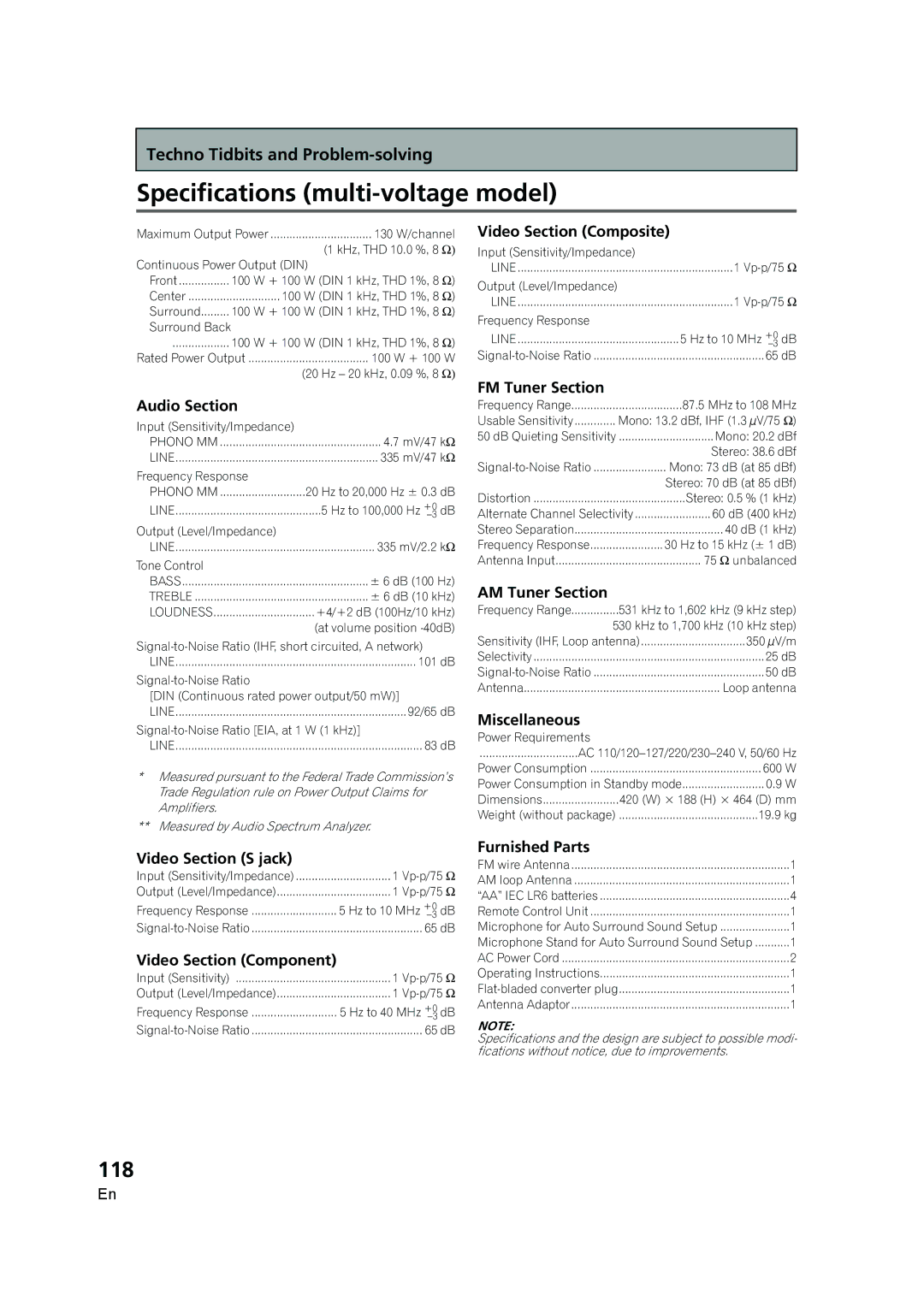 Pioneer VSX-AX5i-G manual Specifications multi-voltage model, 118 