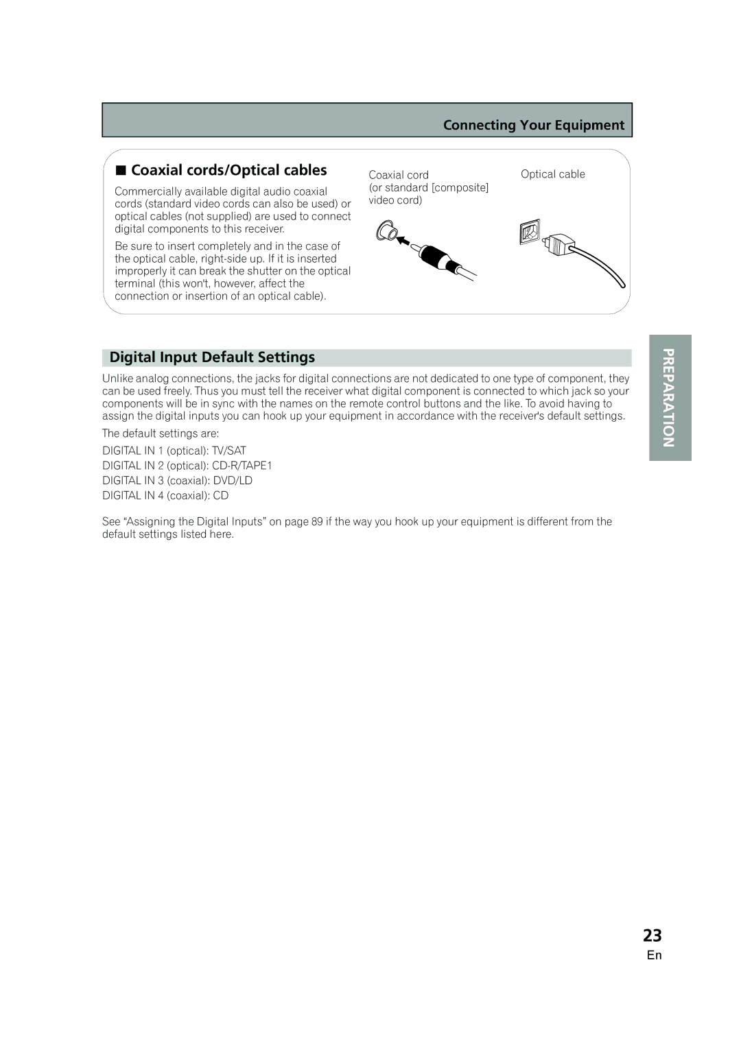 Pioneer VSX-AX5i-G manual  Coaxial cords/Optical cables, Digital Input Default Settings 