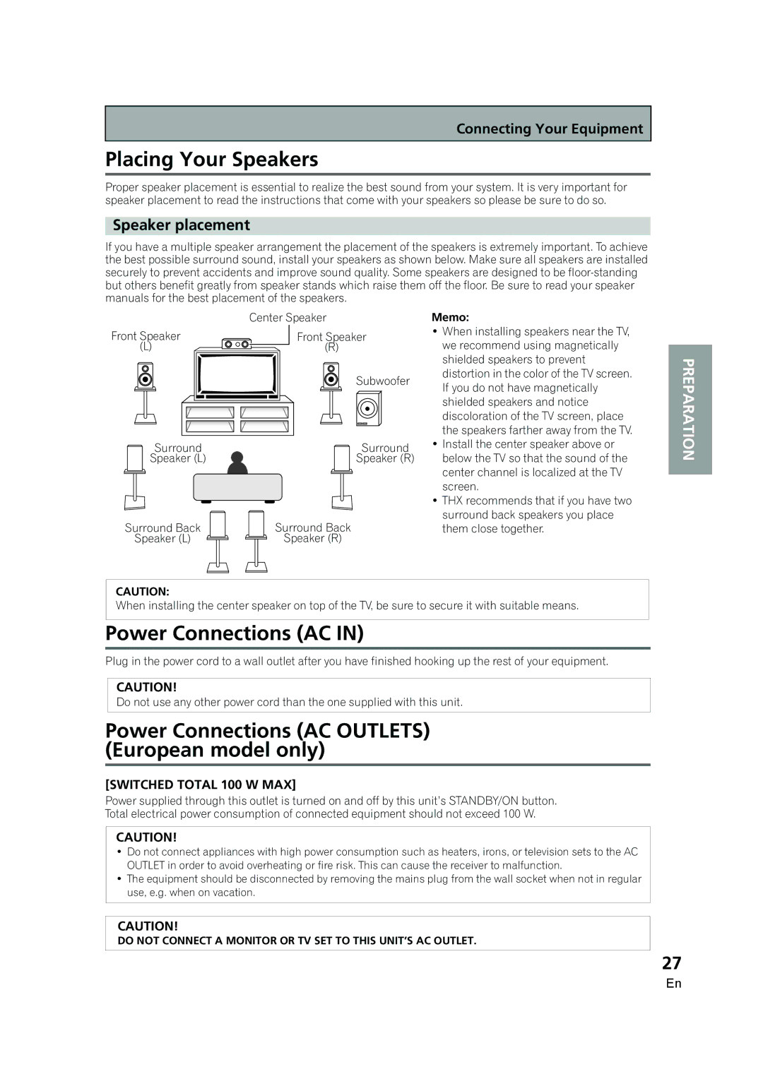 Pioneer VSX-AX5i-G manual Placing Your Speakers, Power Connections AC Outlets European model only, Speaker placement 